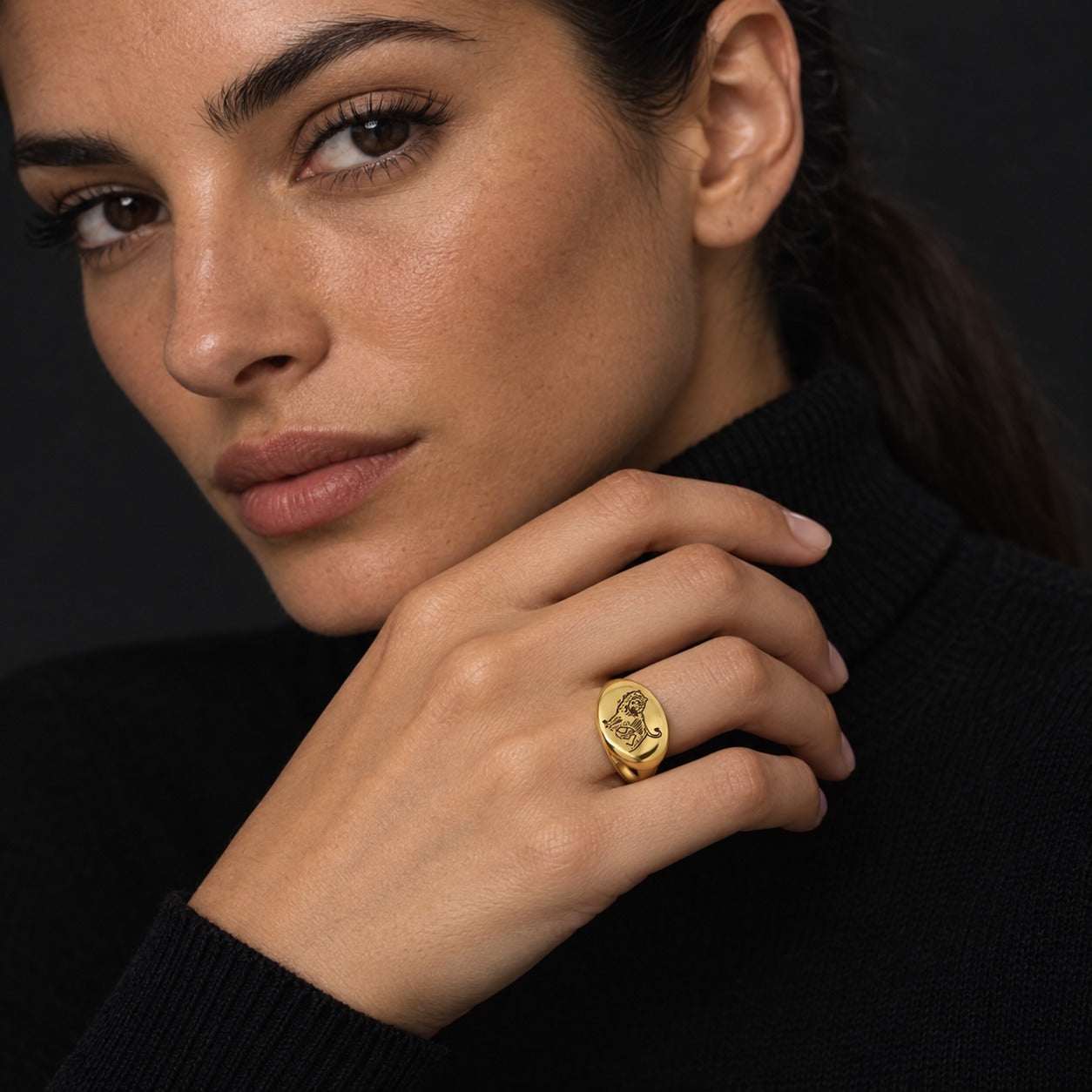 Model wearing the Lesunja Zoadiac Leo Yellow Gold Plated Steel Ring by Lesunja Fine Jewellery – AI-generated visualisation