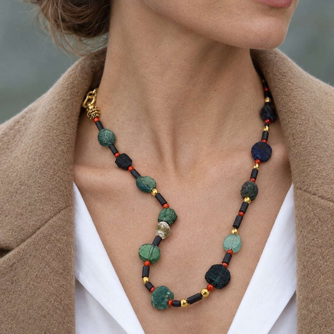 Model wearing the Lesunja Stone Of The Antics Yellow Gold Necklace by Lesunja Fine Jewellery – AI-generated visualisation
