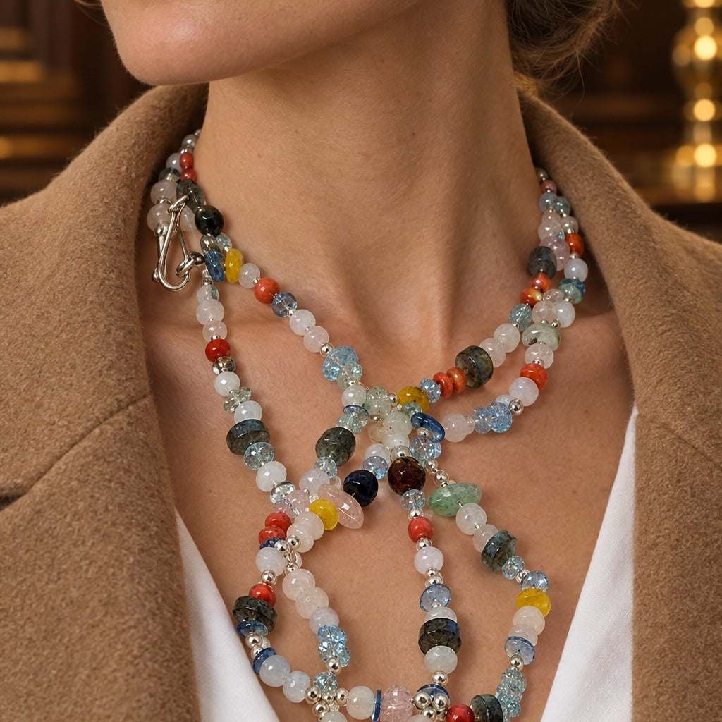 Model wearing the Lesunja Stone Silver Necklace by Lesunja Fine Jewellery – AI-generated visualisation