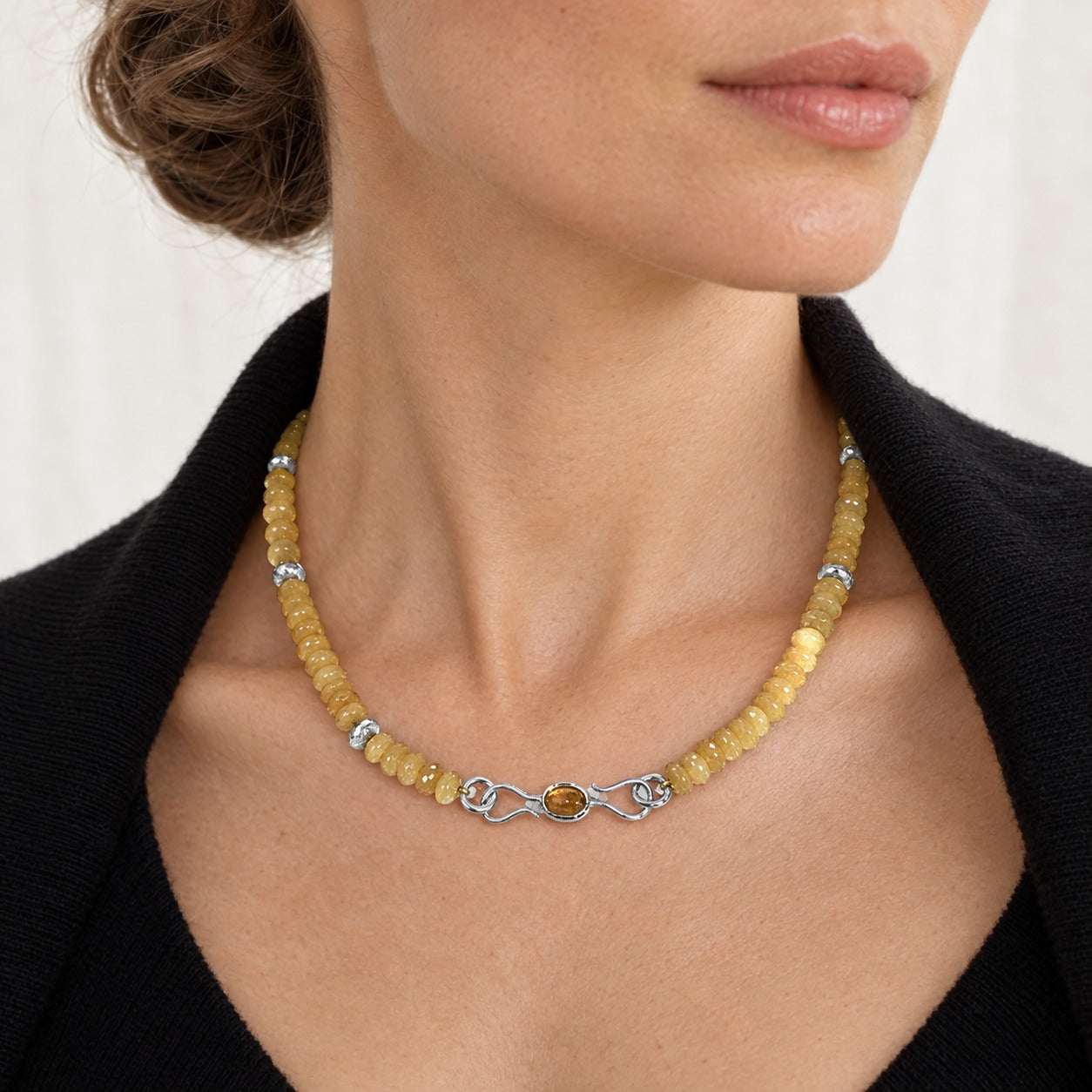 Model wearing the Lesunja Necklace Palladium Yellow Mexican Opal by Lesunja Fine Jewellery – AI-generated visualisation