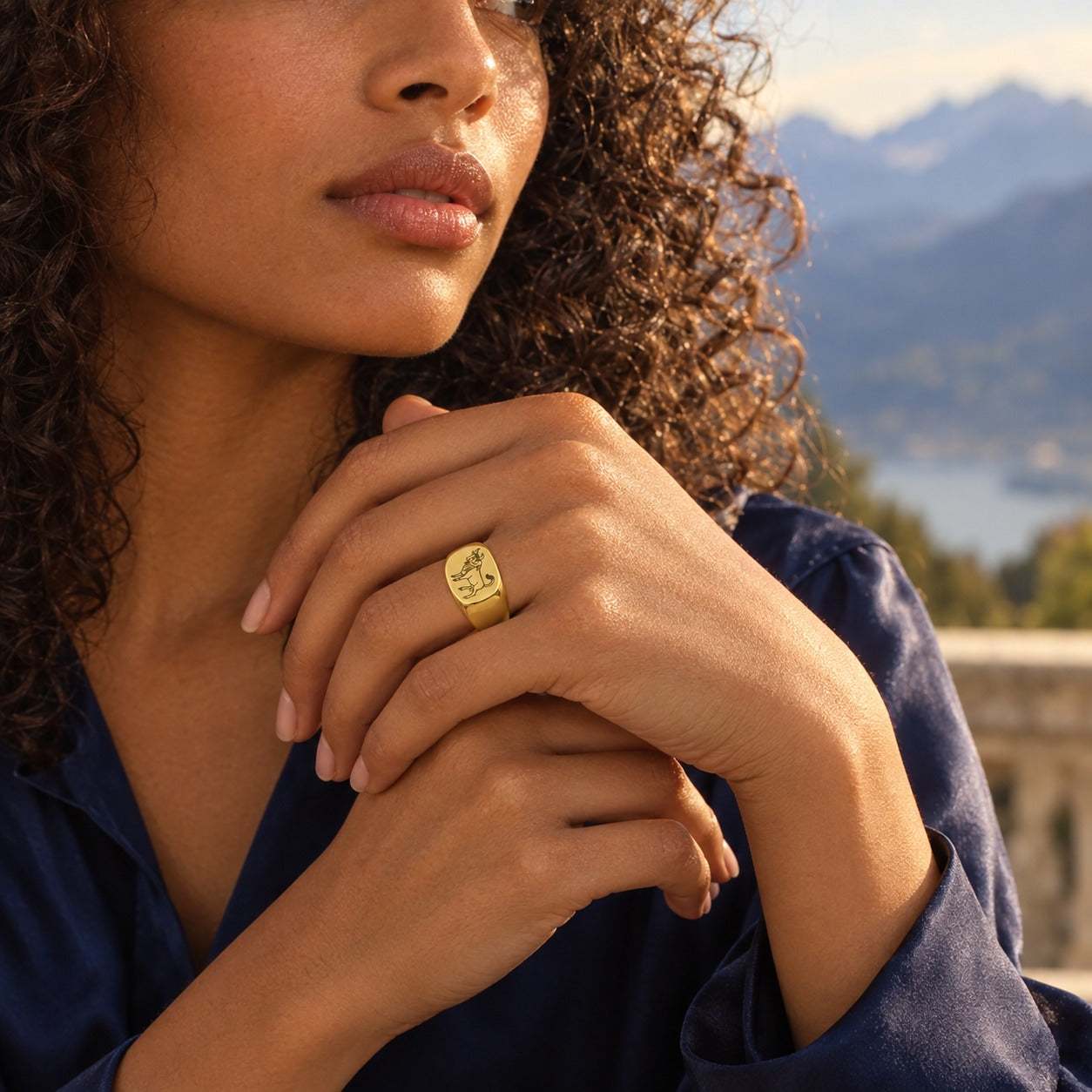 Model wearing the Lesunja Zodiac Taurus Steel Yellow Gold Plated Ring by Lesunja Fine Jewellery – AI-generated visualisation