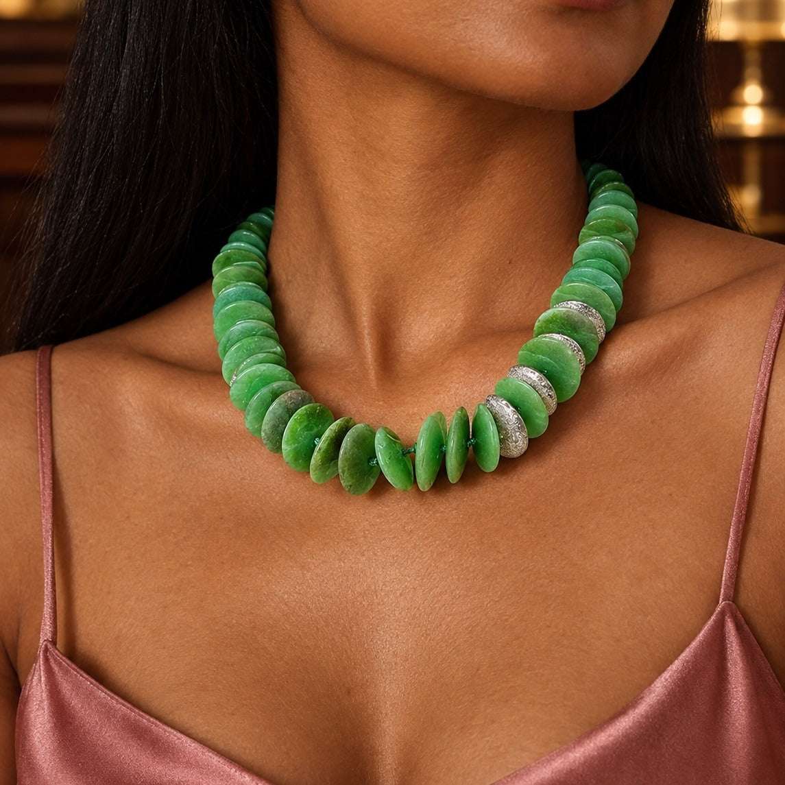 Model wearing the Lesunja Chrysopase Silver Collier by Lesunja Fine Jewellery – AI-generated visualisation