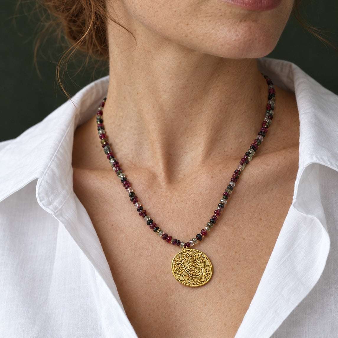 Model wearing the Lesunja Fabulous Gemstone Necklace With Filigree Yellow Gold Pendant by Lesunja Fine Jewellery – AI-generated visualisation
