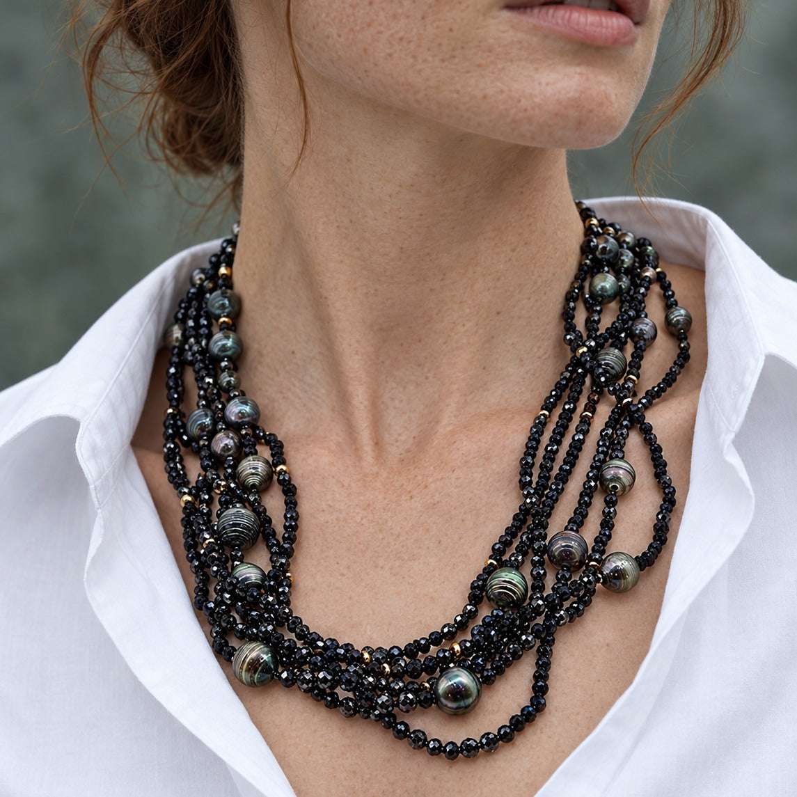 Model wearing the Lesunja Queen Of The Night Gemstone Necklace by Lesunja Fine Jewellery – AI-generated visualisation