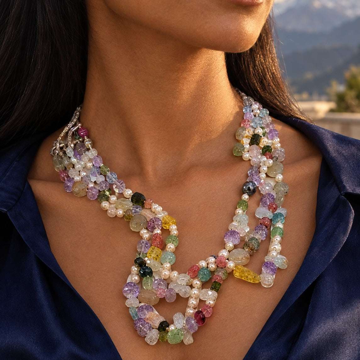 Model wearing the Lesunja Colourful Stones Silver Necklace by Lesunja Fine Jewellery – AI-generated visualisation
