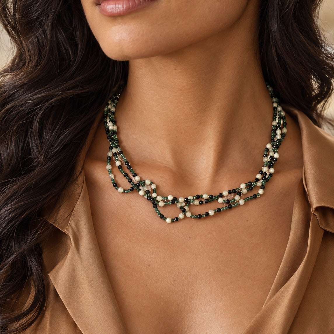 Model wearing the Lesunja Green Garnet Necklace Tsavolit Spinell Palladium by Lesunja Fine Jewellery – AI-generated visualisation