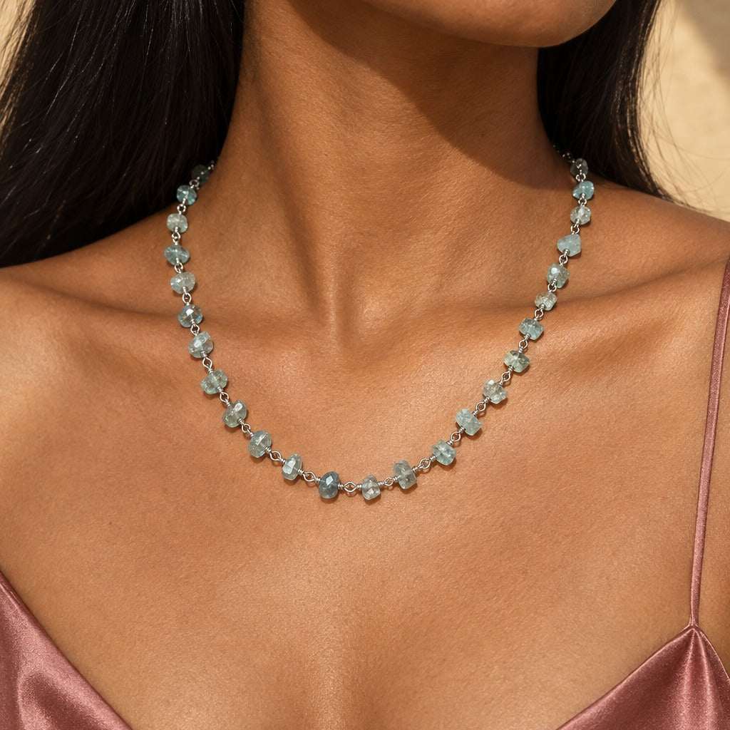 Model wearing the Lesunja Aqua Power Stones Silver Collier by Lesunja Fine Jewellery – AI-generated visualisation