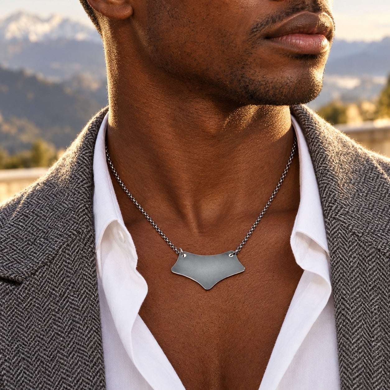 Model wearing the Lesunja Batman Black Silver Necklace by Lesunja Fine Jewellery – AI-generated visualisation