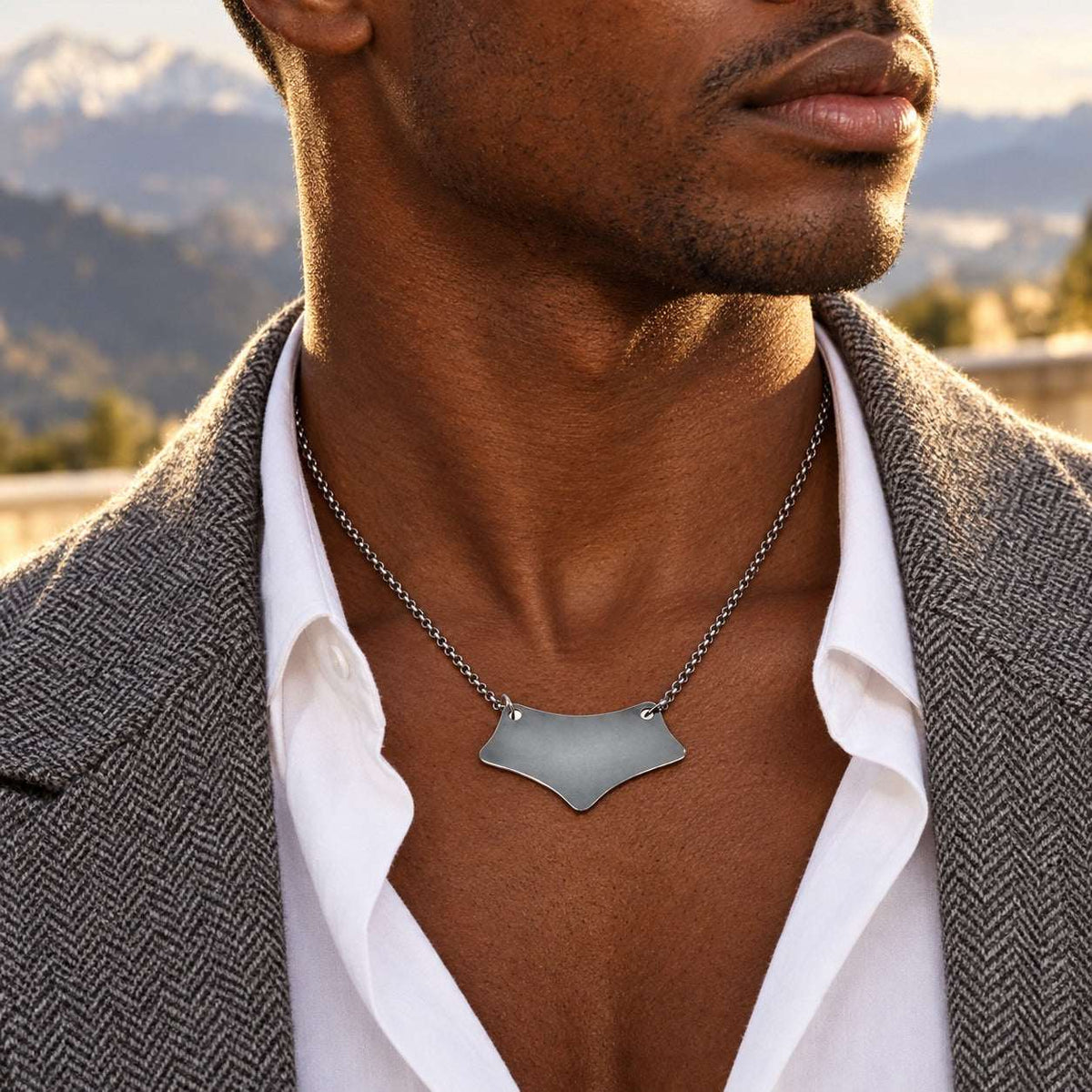 Model wearing the Lesunja Batman Black Silver Necklace by Lesunja Fine Jewellery – AI-generated visualisation