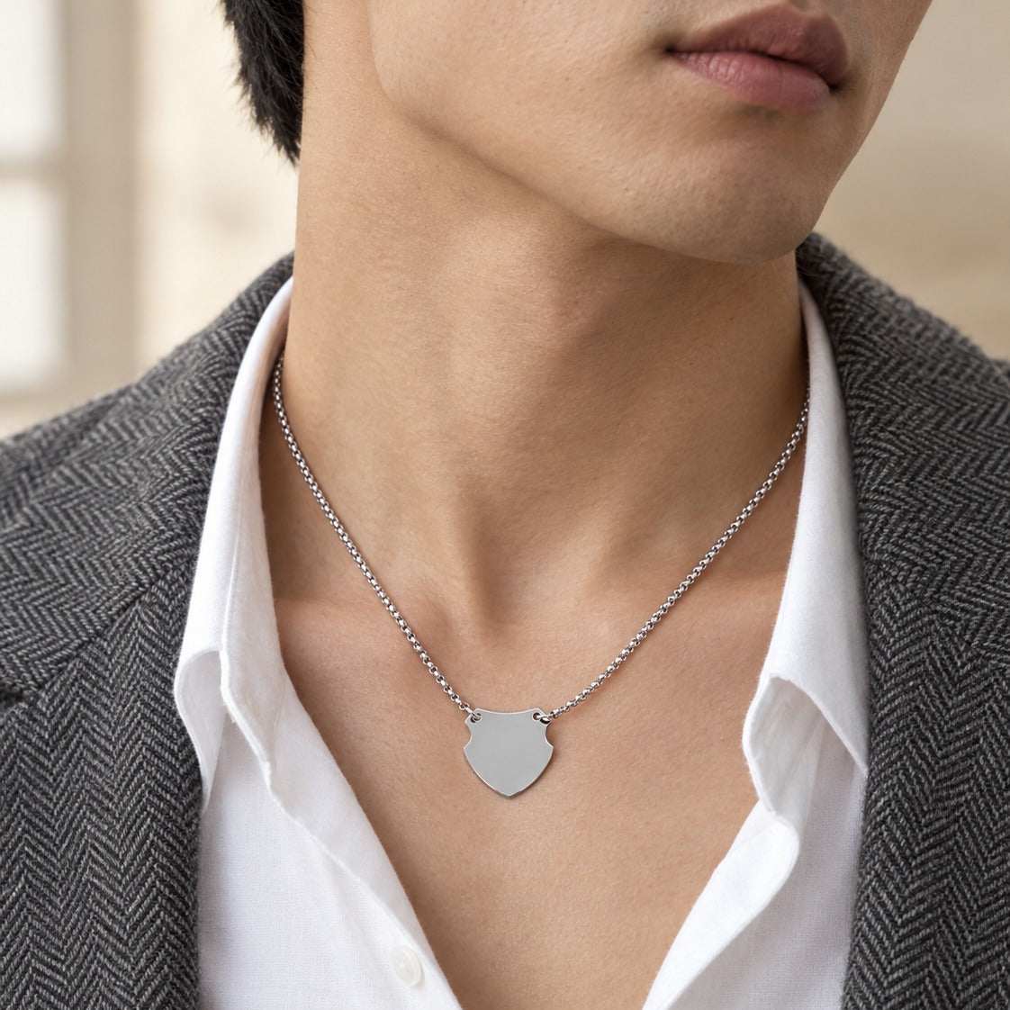 Model wearing the Lesunja Coat of Arms Necklace by Lesunja Fine Jewellery – AI-generated visualisation