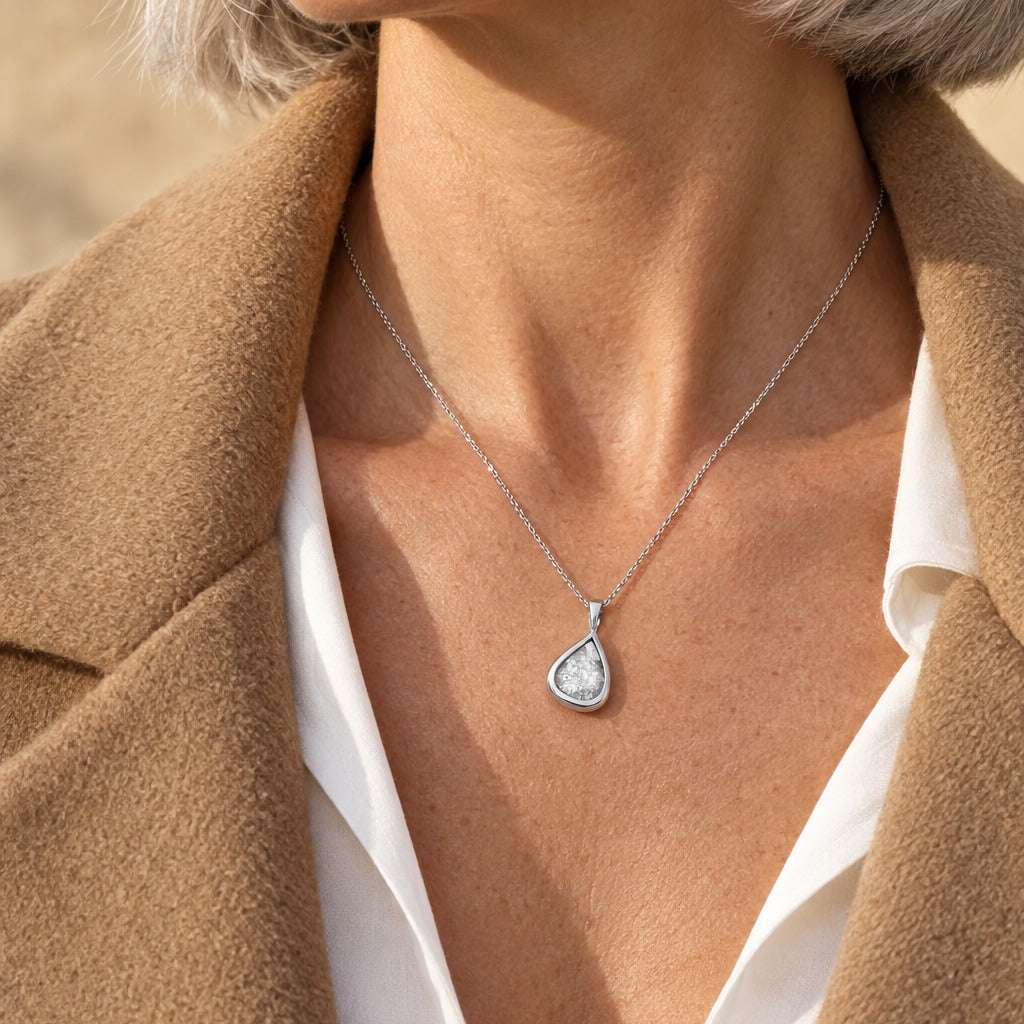 Model wearing the Lesunja Cold Ice Diamond White Gold Pendant by Lesunja Fine Jewellery – AI-generated visualisation