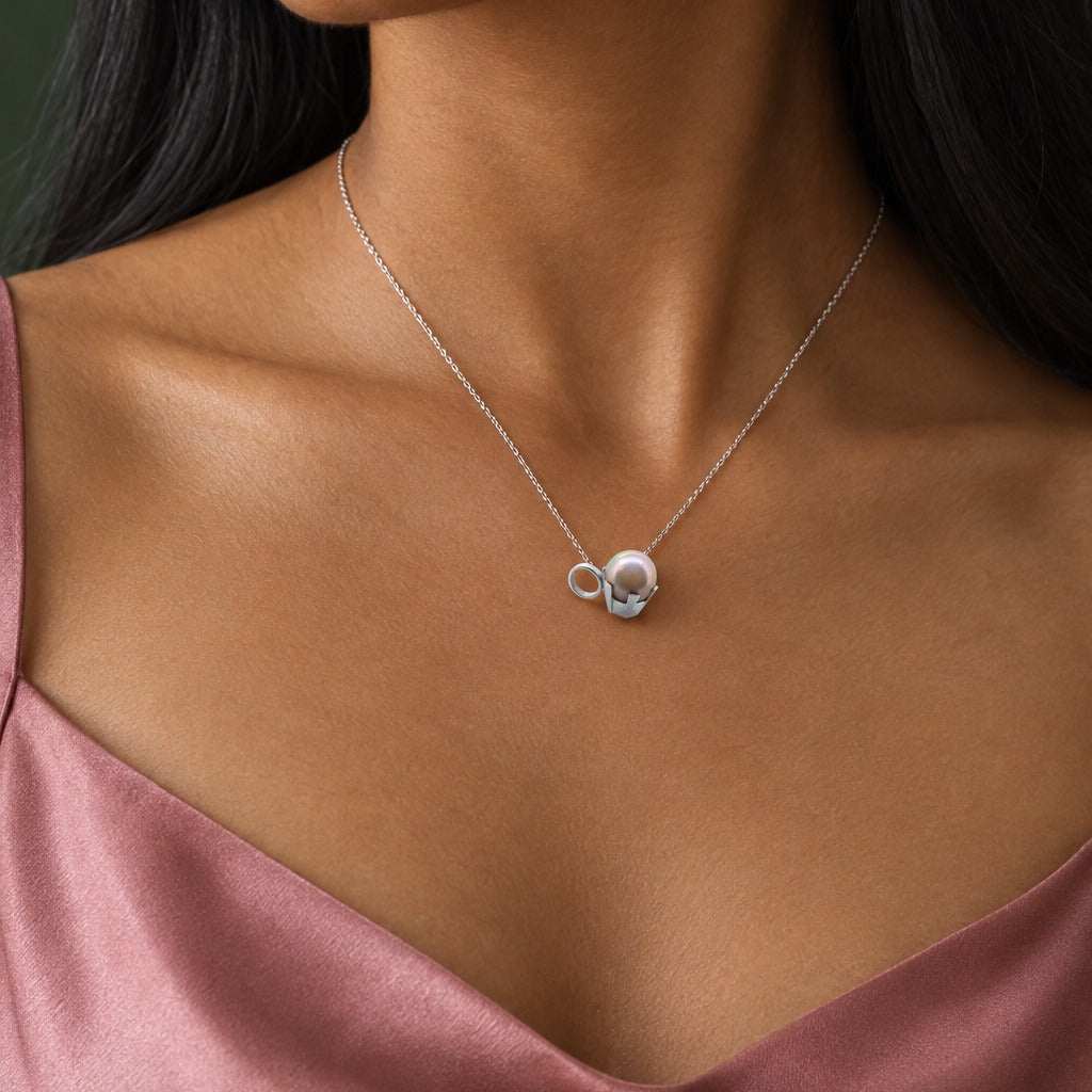 Model wearing the Lesunja Magic Pearl White Gold Pendant by Lesunja Fine Jewellery – AI-generated visualisation