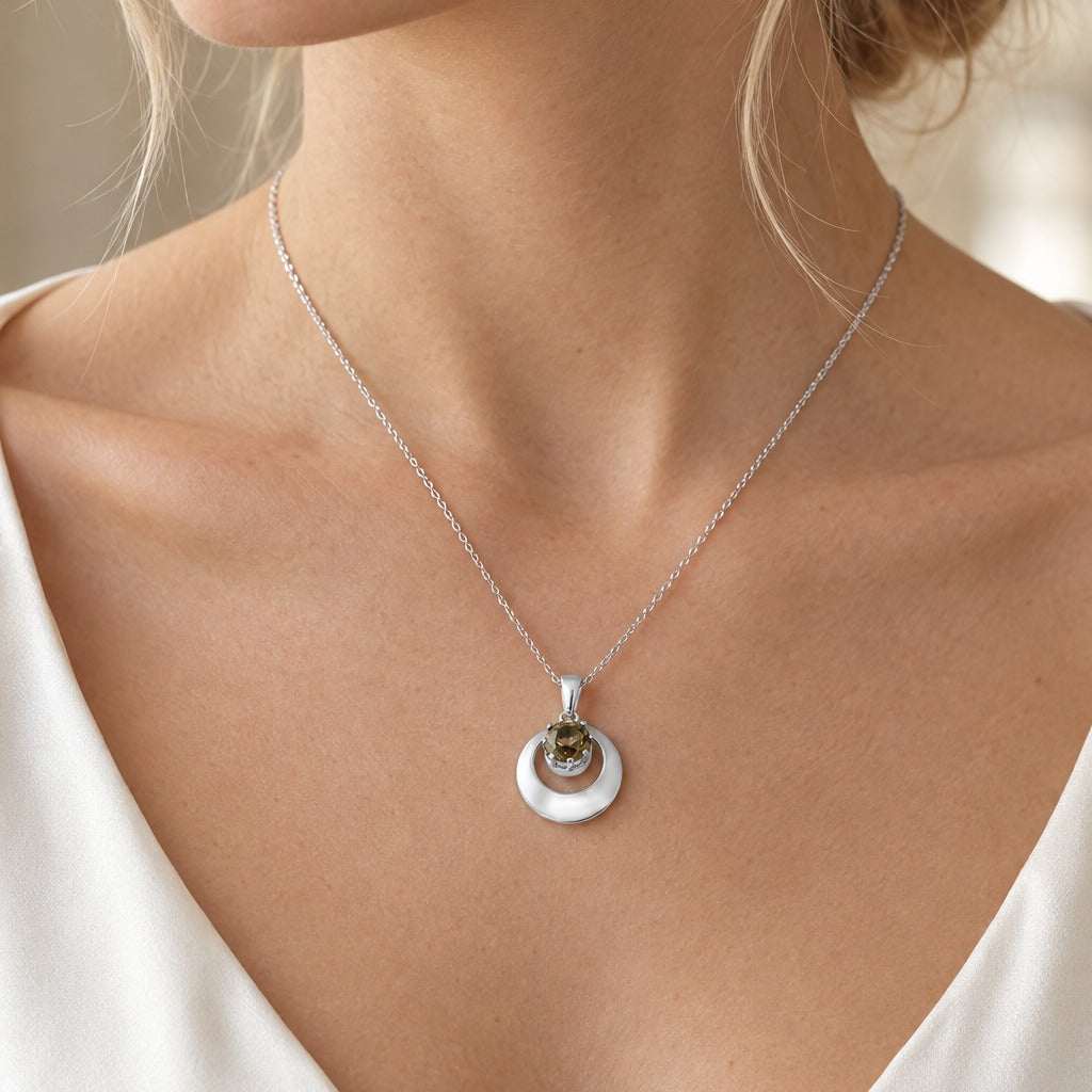 Model wearing the Lesunja Sterling Silver Moon Pendant by Lesunja Fine Jewellery – AI-generated visualisation