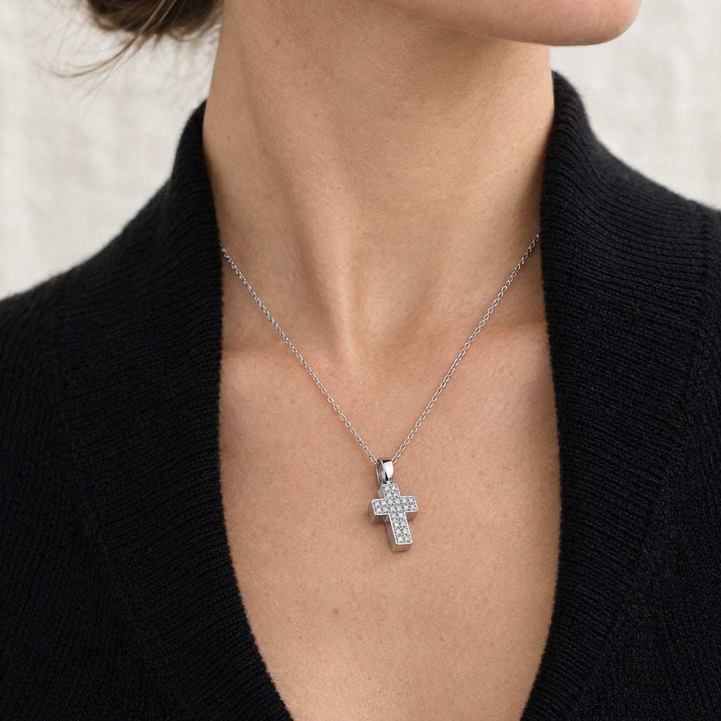 Model wearing the Lesunja White Gold Diamond Pendant by Lesunja Fine Jewellery – AI-generated visualisation