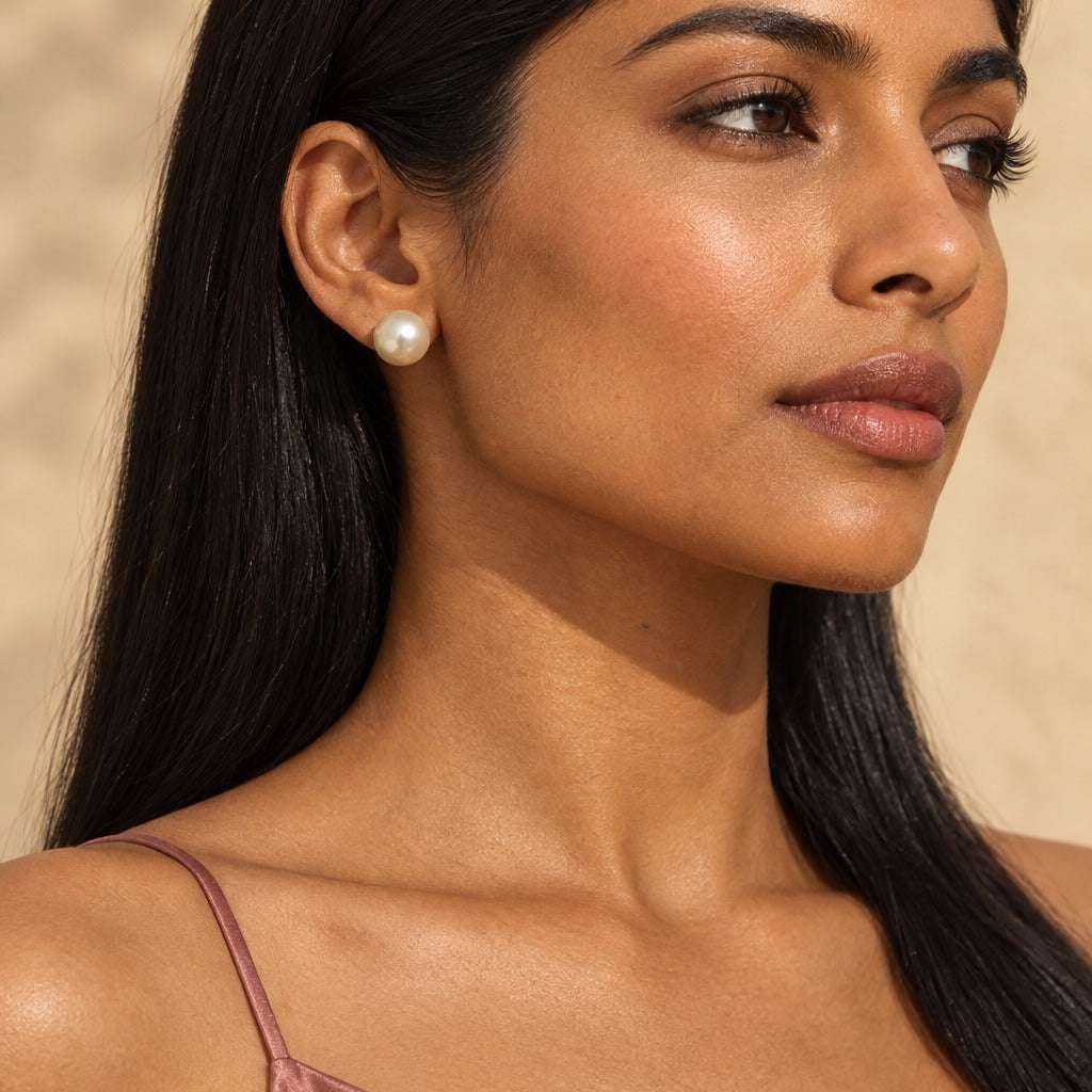 Model wearing the Lesunja Golden Pearl Clip On Earrings by Lesunja Fine Jewellery – AI-generated visualisation