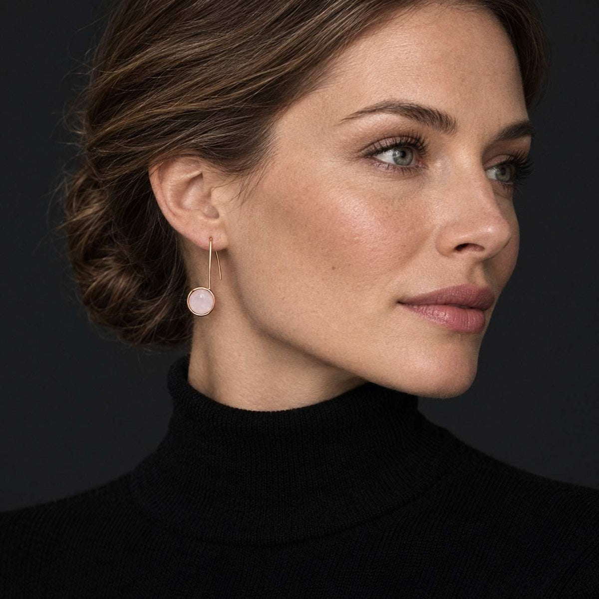 Model wearing the Lesunja Music Was My First Love Rose Gold Rose Quartz Earrings by Lesunja Fine Jewellery – AI-generated visualisation