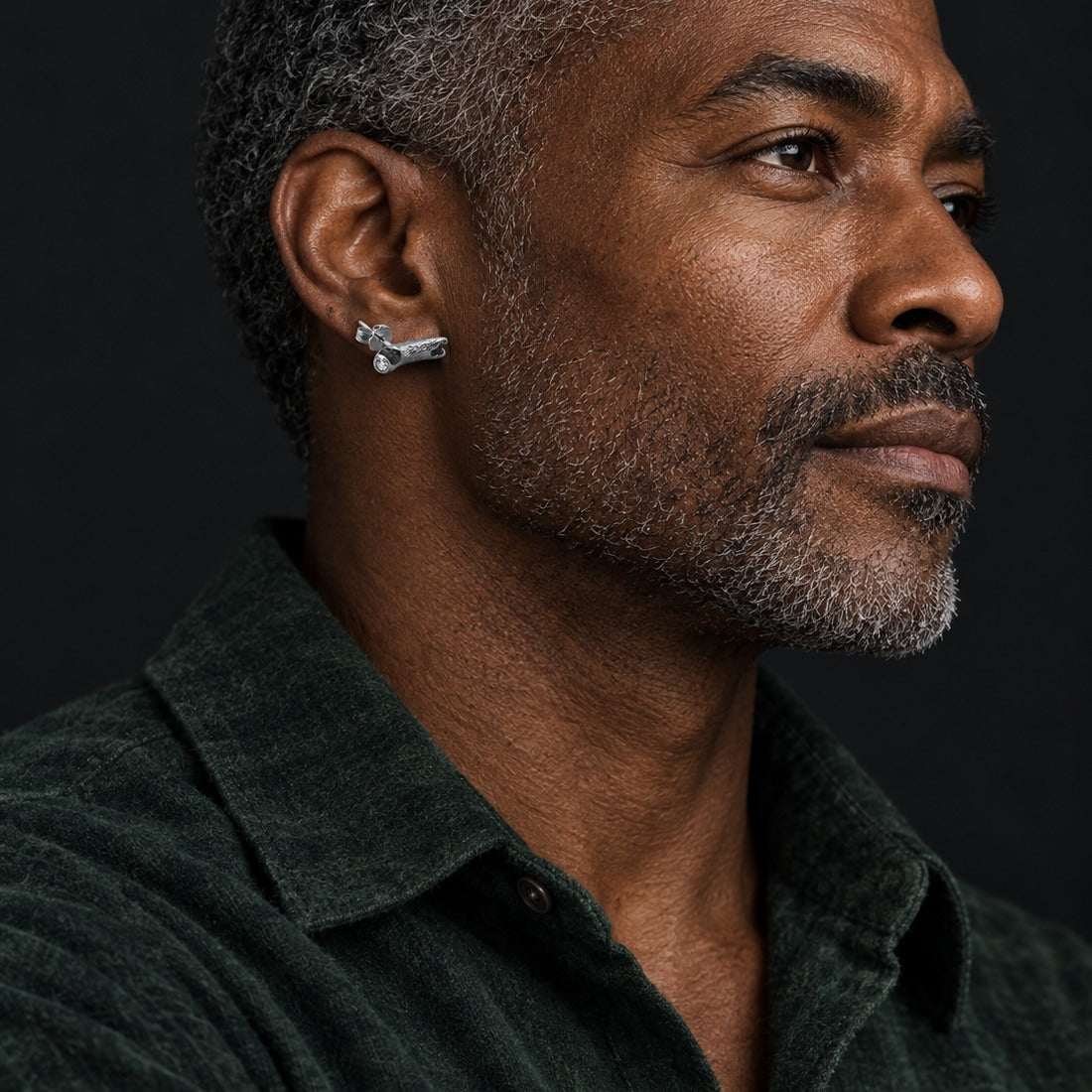 Model wearing the Lesunja Sepia White Sea Diamond Silver Ear Studs by Lesunja Fine Jewellery – AI-generated visualisation