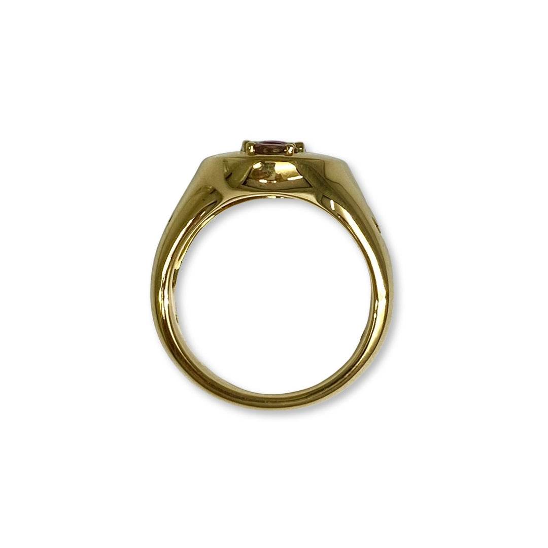 Lesunja Signet Ring Yellow Gold 9K Ruby Tourmaline Diamonds, detail view, Lesunja atelier Zurich