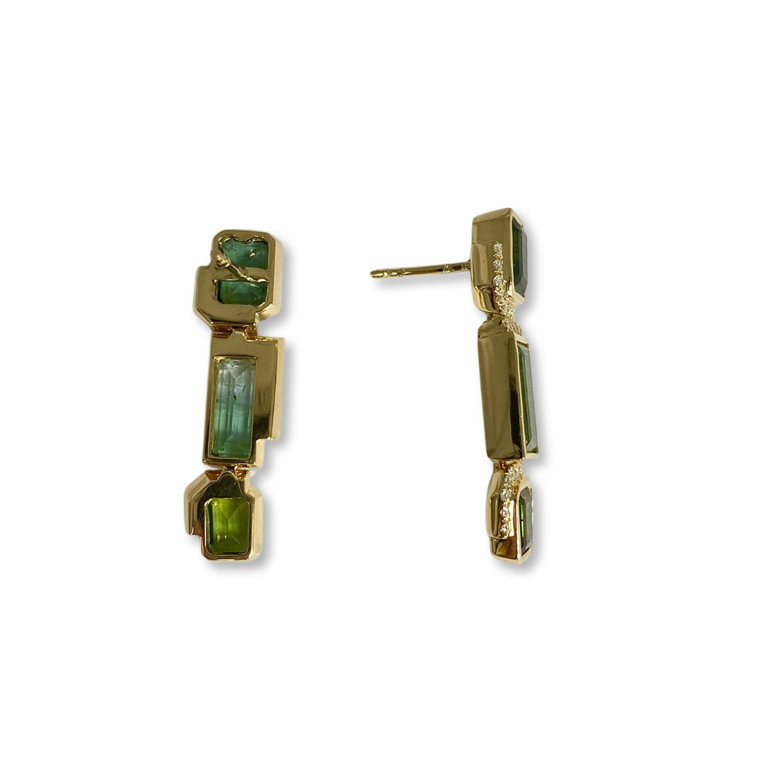 Lesunja Statement Earring Yellow Gold Green Tourmaline White Diamonds