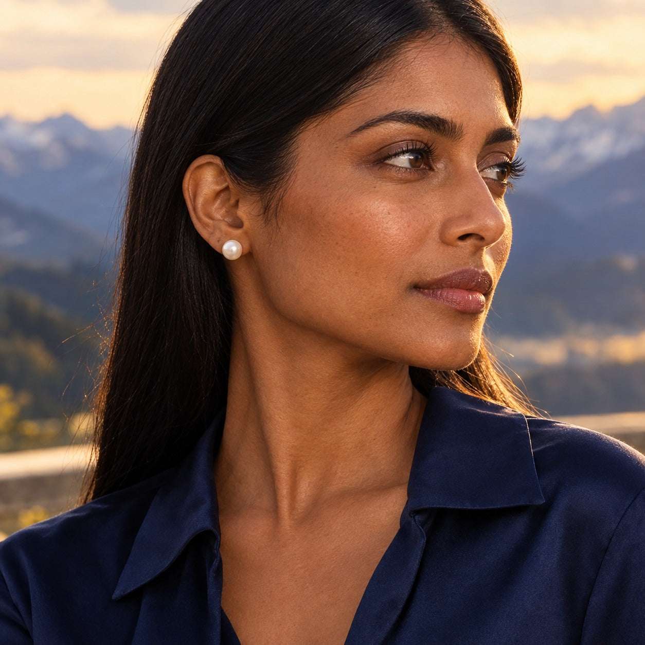 Model wearing the Lesunja Little Pearls Studs by Lesunja Fine Jewellery – AI-generated visualisation