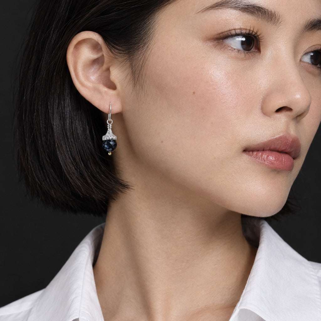 Model wearing the Lesunja Hibiscus Loves Silver Sapphire Earrings by Lesunja Fine Jewellery – AI-generated visualisation