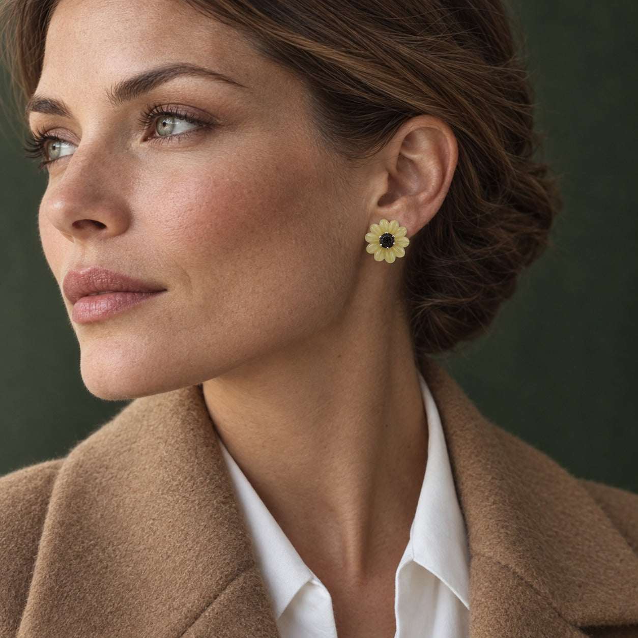Model wearing the Lesunja Little Flowers Silver Studs by Lesunja Fine Jewellery – AI-generated visualisation