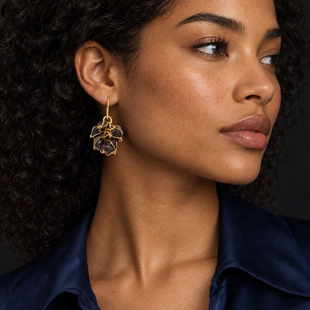 Model wearing the Lesunja Ear Gold Plated Hangers Garnet by Lesunja Fine Jewellery – AI-generated visualisation