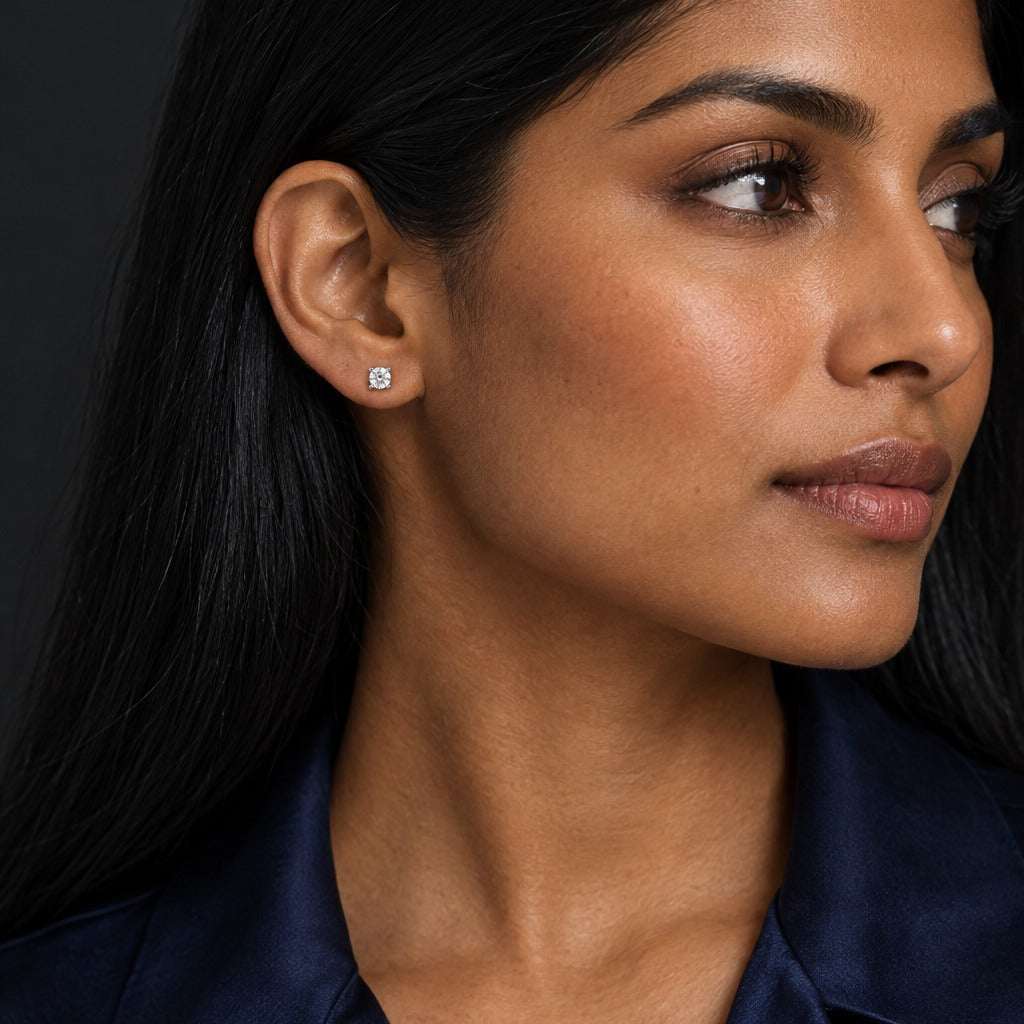 Model wearing the Lesunja White Gold Earrings by Lesunja Fine Jewellery – AI-generated visualisation