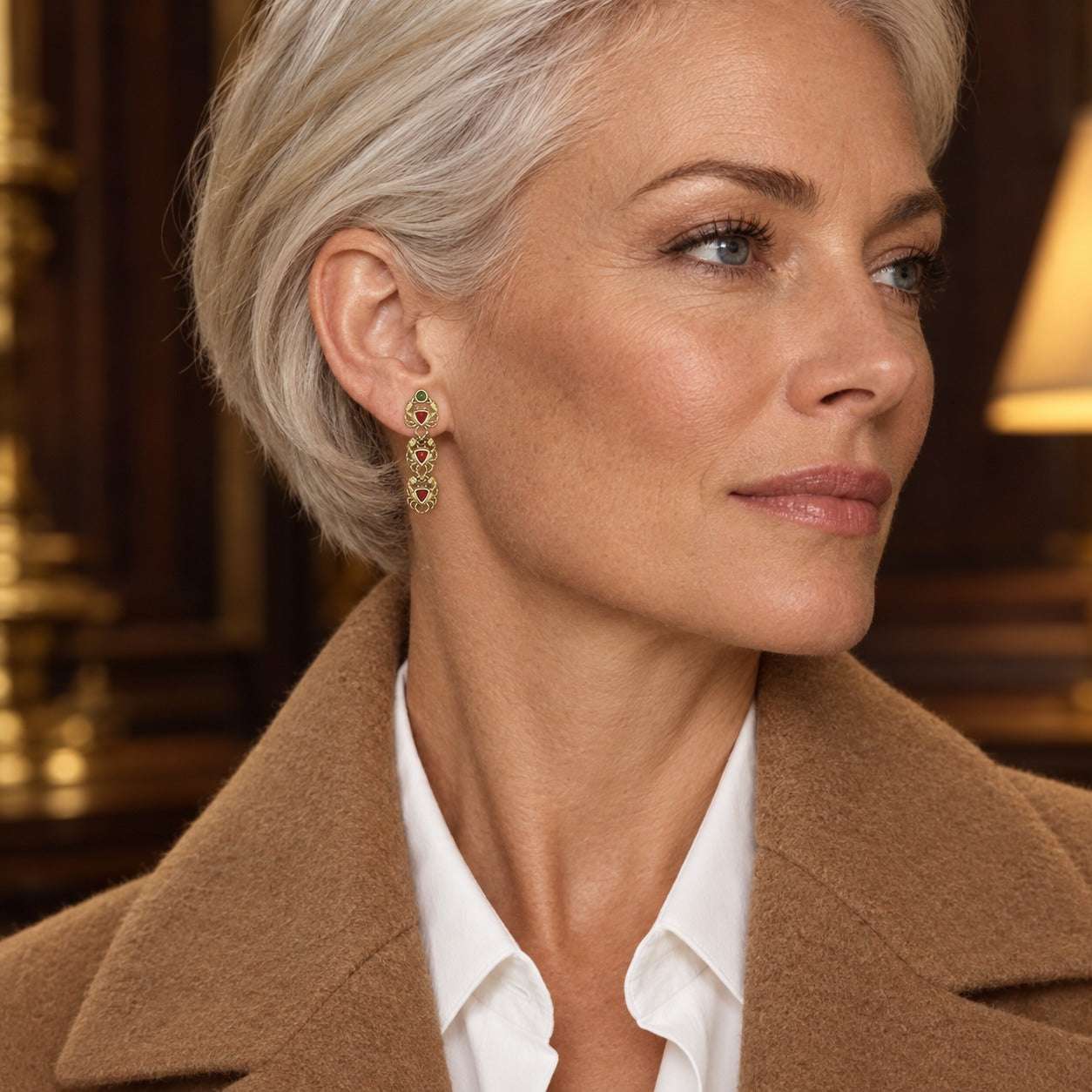 Model wearing the Lesunja Ocean Crabs Statement Ear Studs Yellow Gold Fire Opal Tourmaline by Lesunja Fine Jewellery – AI-generated visualisation