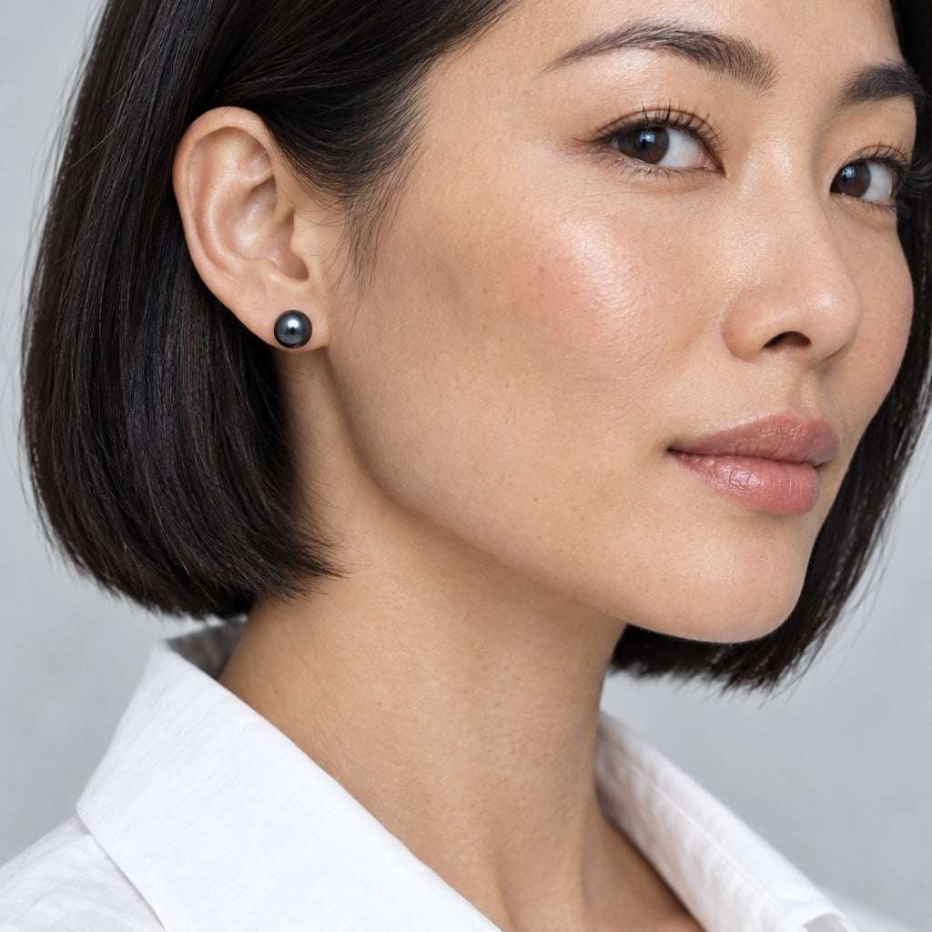 Model wearing the Lesunja Ear studs White Gold Dark Pearl by Lesunja Fine Jewellery – AI-generated visualisation