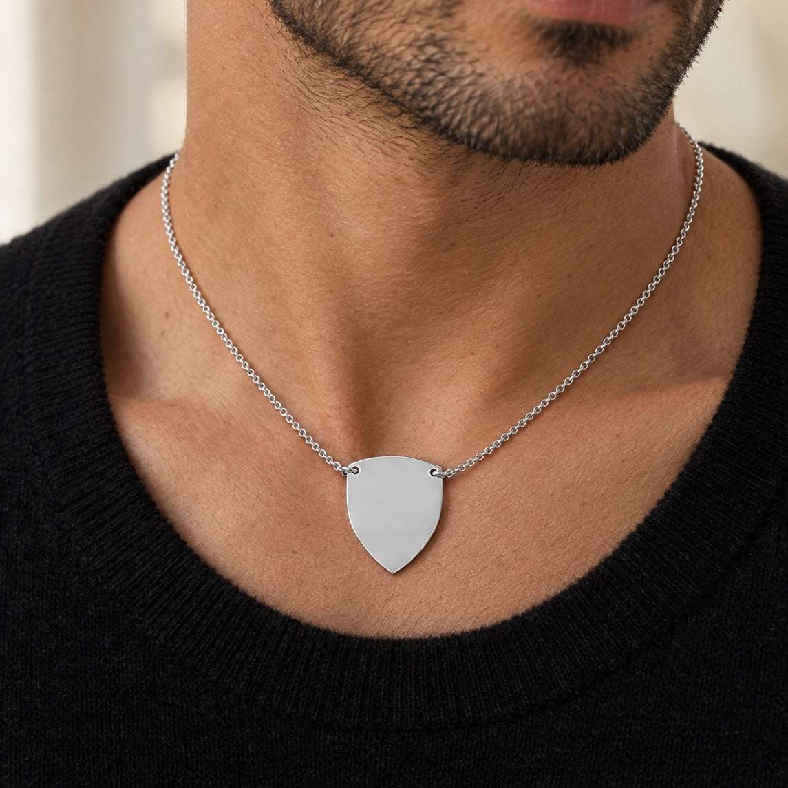 Model wearing the Lesunja Silver Emblem Necklace by Lesunja Fine Jewellery – AI-generated visualisation