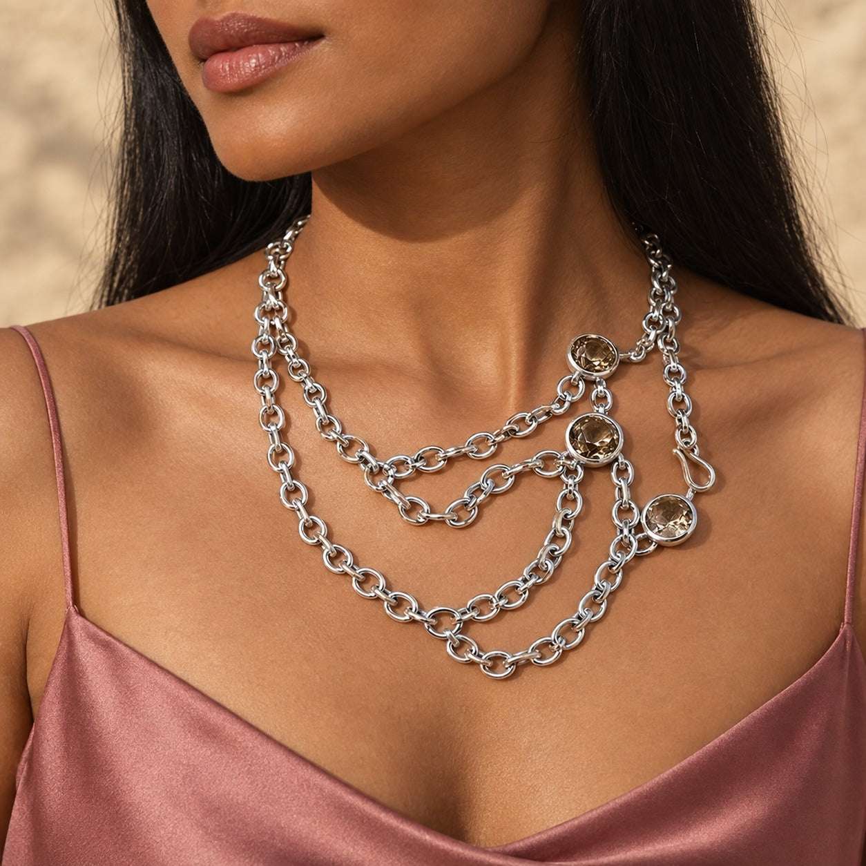 Model wearing the Lesunja Summer Magic Crystal Silver Necklace by Lesunja Fine Jewellery – AI-generated visualisation