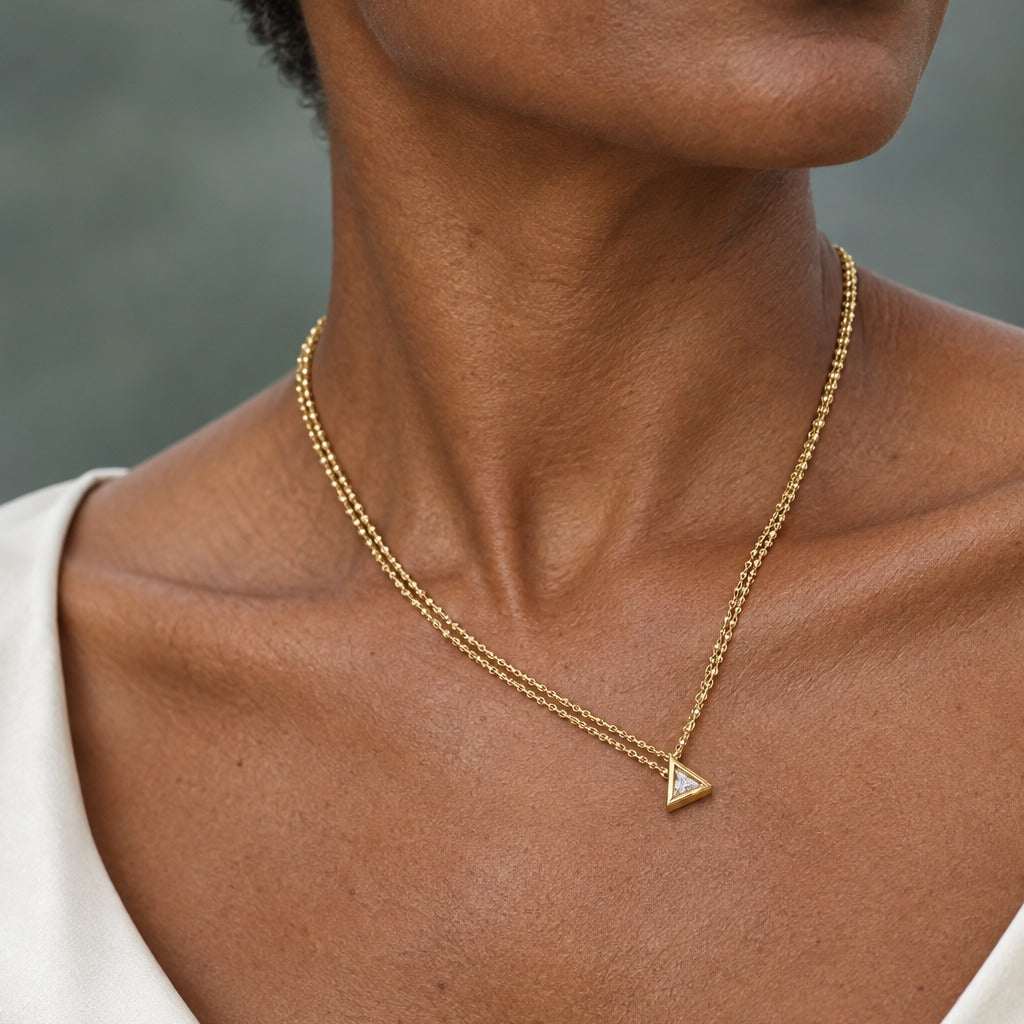 Model wearing the Lesunja Diamond Yellow Gold Necklace Triangle by Lesunja Fine Jewellery – AI-generated visualisation