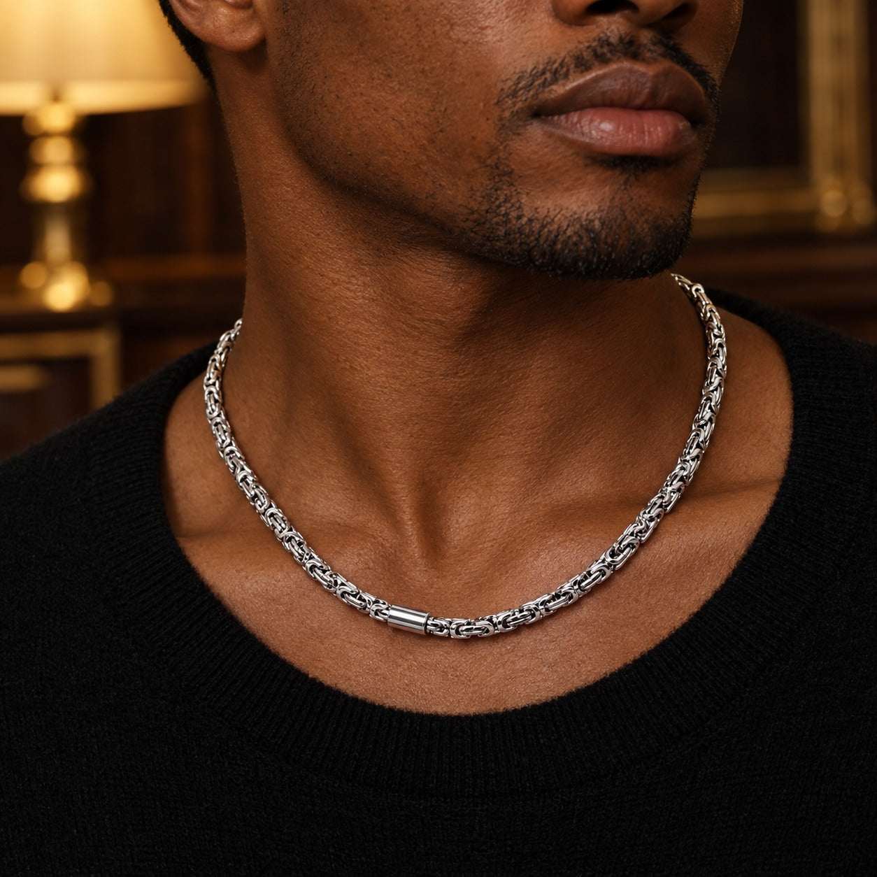 Model wearing the Lesunja Silver Rude Necklace Fantasy Structure by Lesunja Fine Jewellery – AI-generated visualisation