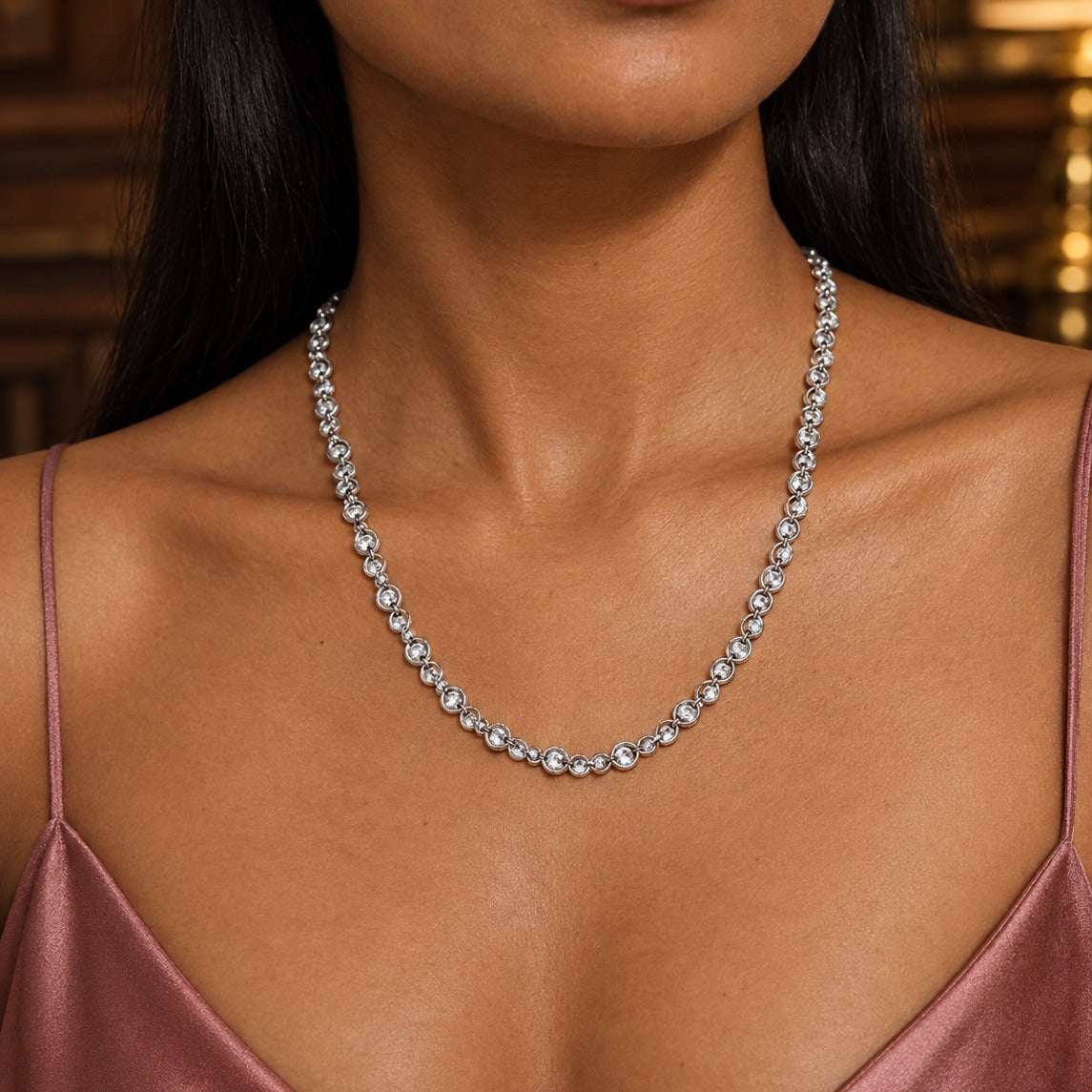 Model wearing the Lesunja Eye Chain Hydra Silver Chain by Lesunja Fine Jewellery – AI-generated visualisation