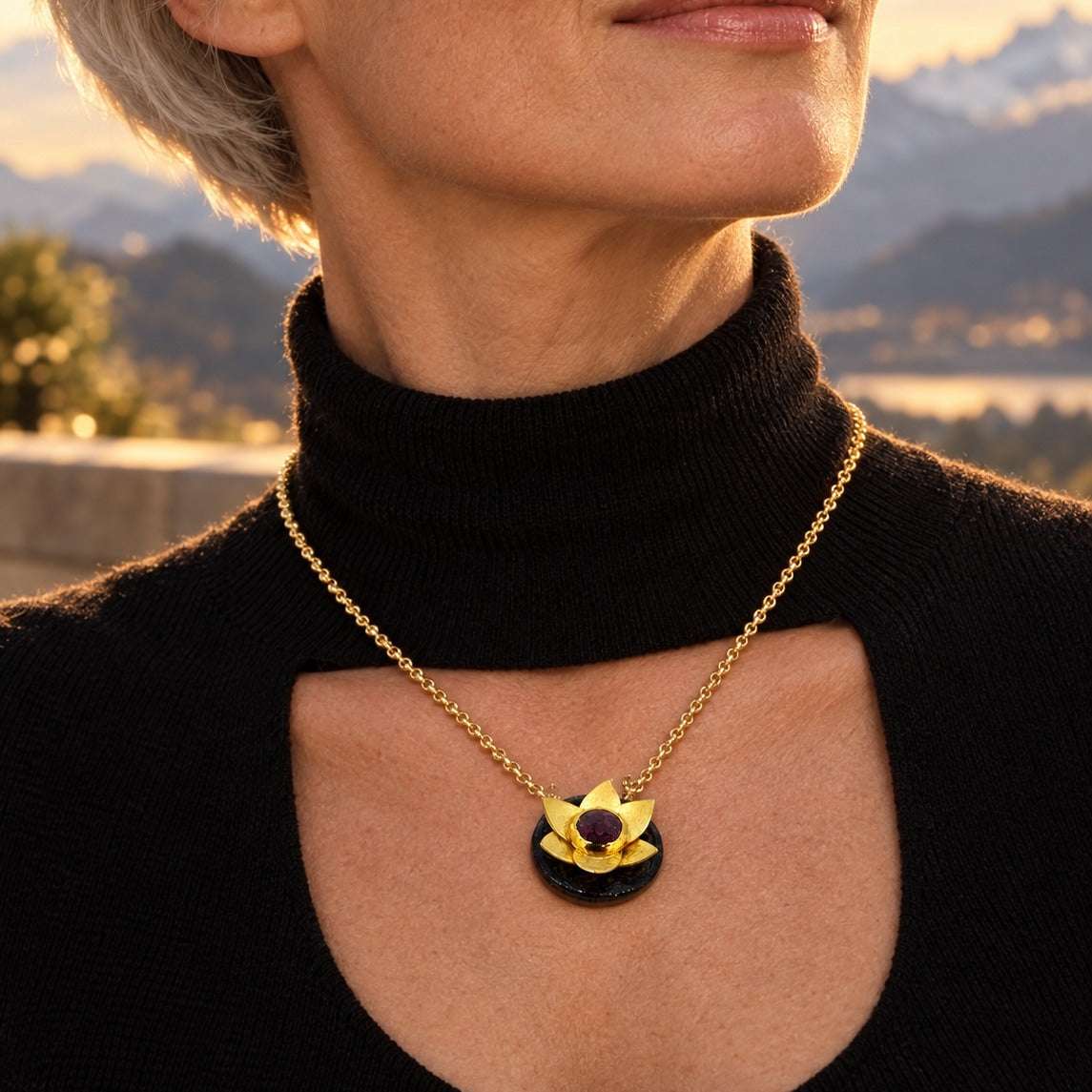 Model wearing the Lesunja Lotus Nofretete Yellow Gold Necklace by Lesunja Fine Jewellery – AI-generated visualisation