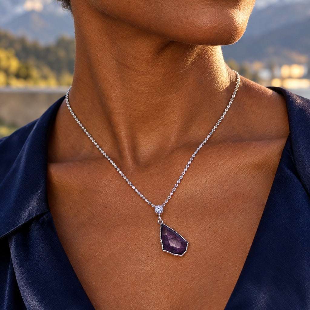 Model wearing the Lesunja Lady Star Of Africa White Gold Necklace by Lesunja Fine Jewellery – AI-generated visualisation