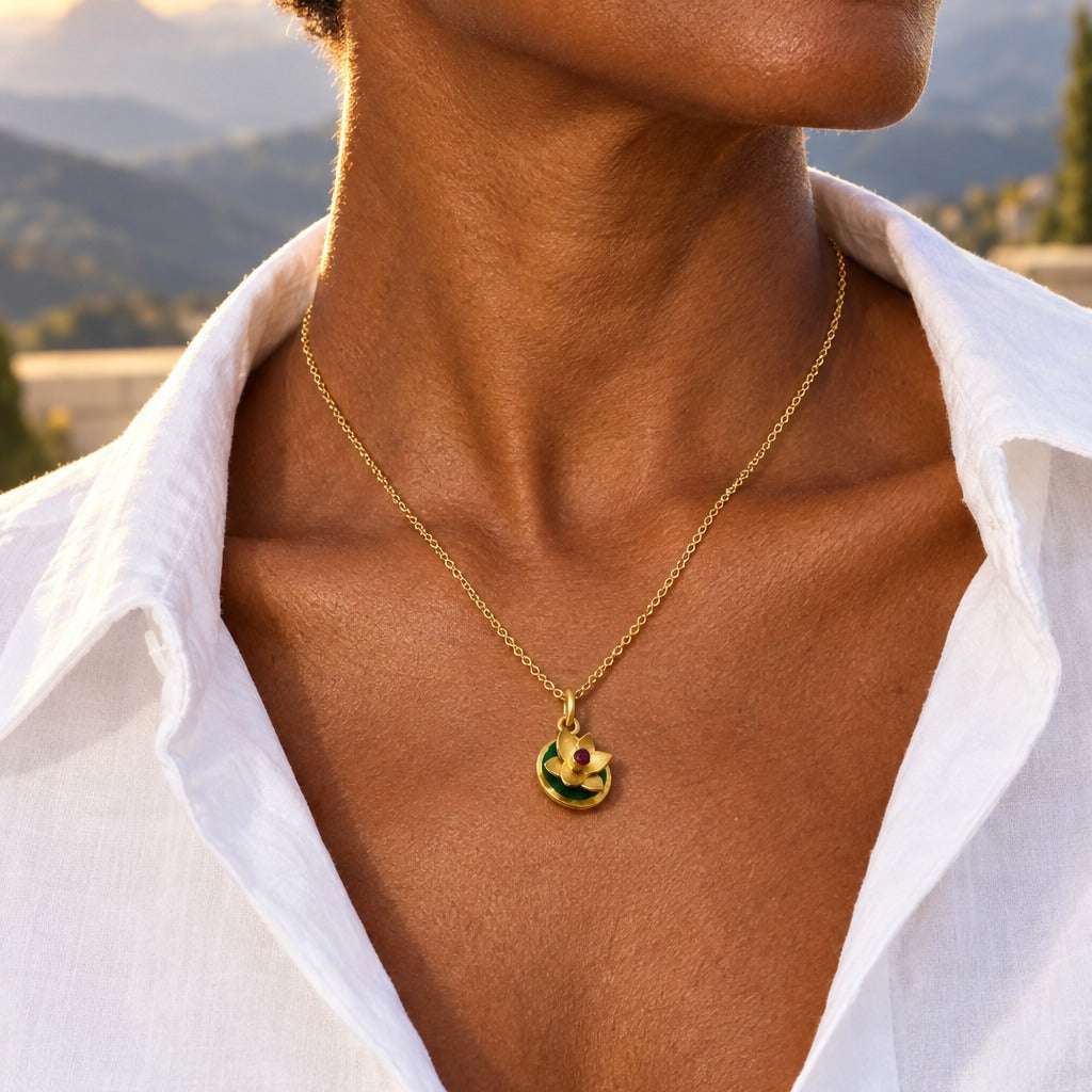 Model wearing the Lesunja Lotus Gold Pendant by Lesunja Fine Jewellery – AI-generated visualisation