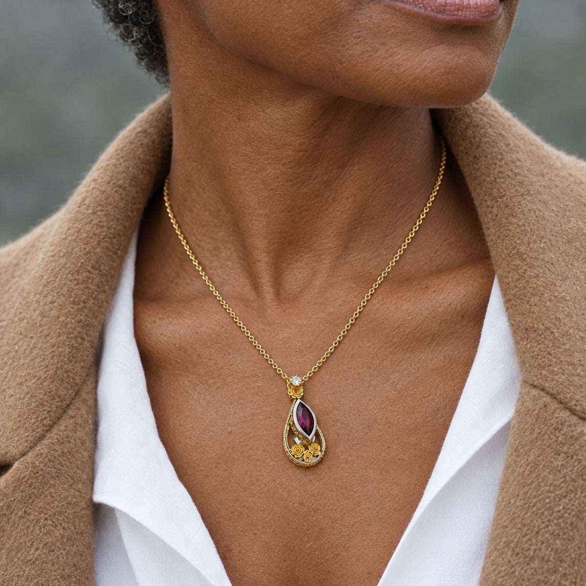 Model wearing the Lesunja Filigran Tourmaline Yellow Gold Diamond Pendant by Lesunja Fine Jewellery – AI-generated visualisation