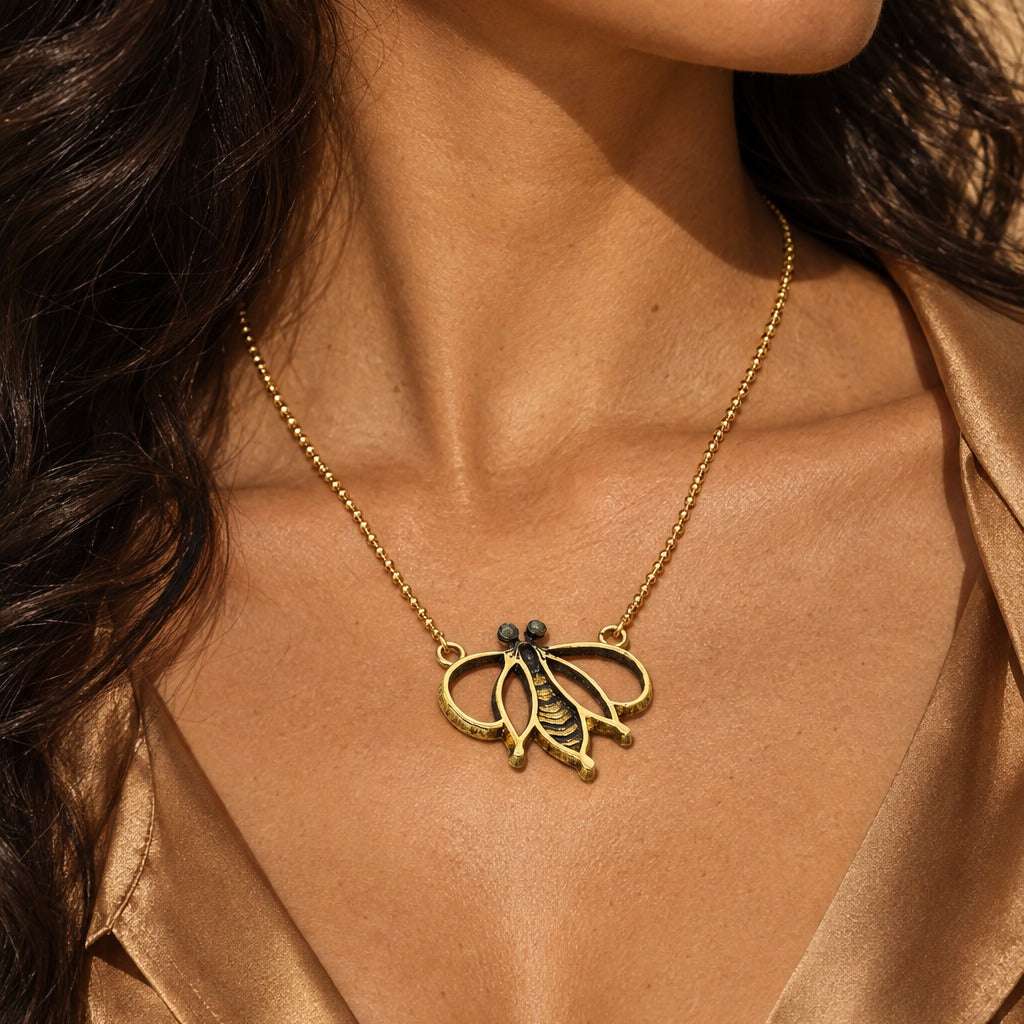 Model wearing the Lesunja Honey Bee Silver Gold Plated Necklace by Lesunja Fine Jewellery – AI-generated visualisation