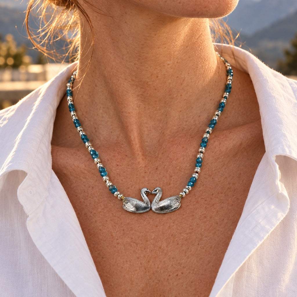 Model wearing the Lesunja Swan Lake Silver Necklace by Lesunja Fine Jewellery – AI-generated visualisation