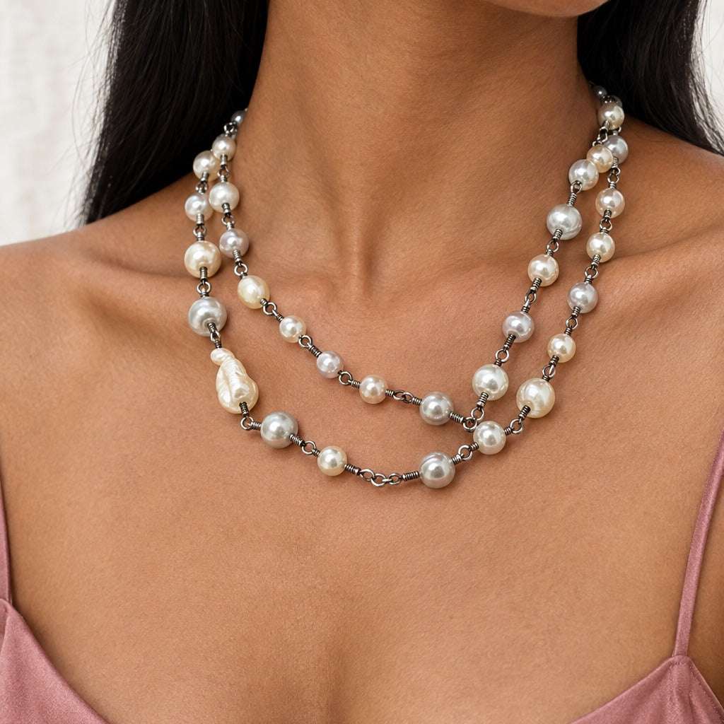 Model wearing the Lesunja Freshwater Kisses Pearl Necklace Silver by Lesunja Fine Jewellery – AI-generated visualisation