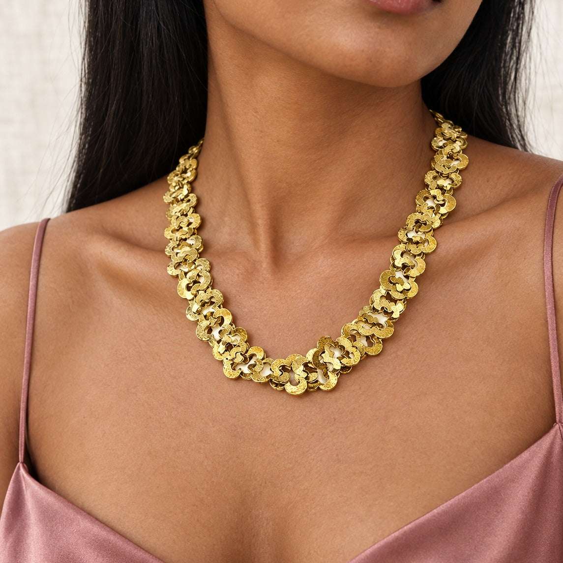 Model wearing the Lesunja Flower Child Silver Yellow Gold Plated Necklace by Lesunja Fine Jewellery – AI-generated visualisation