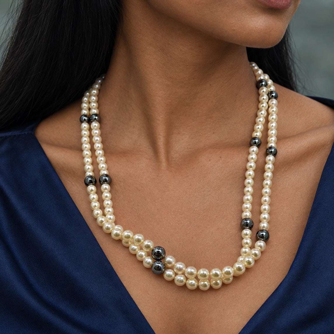 Model wearing the Lesunja Pearl Necklace by Lesunja Fine Jewellery – AI-generated visualisation