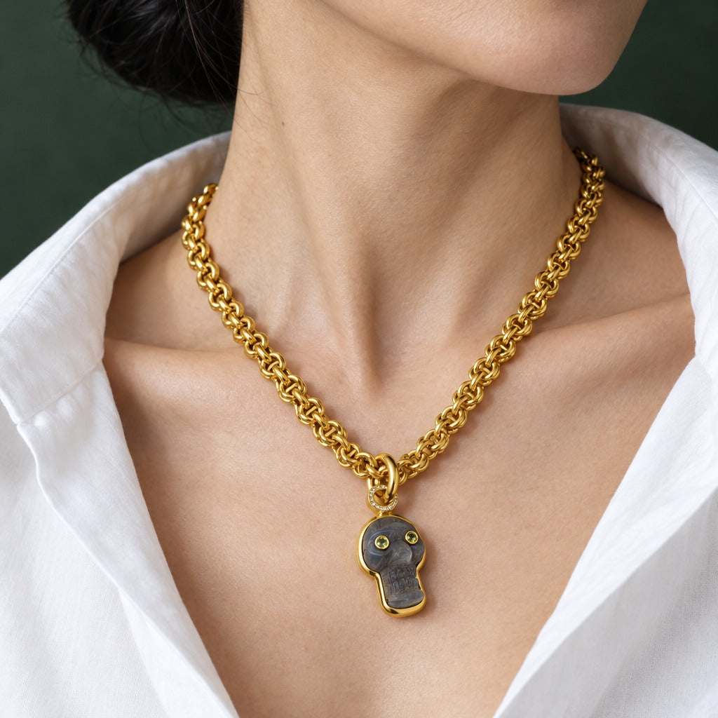 Model wearing the Lesunja Skull Gold Plated Necklace by Lesunja Fine Jewellery – AI-generated visualisation