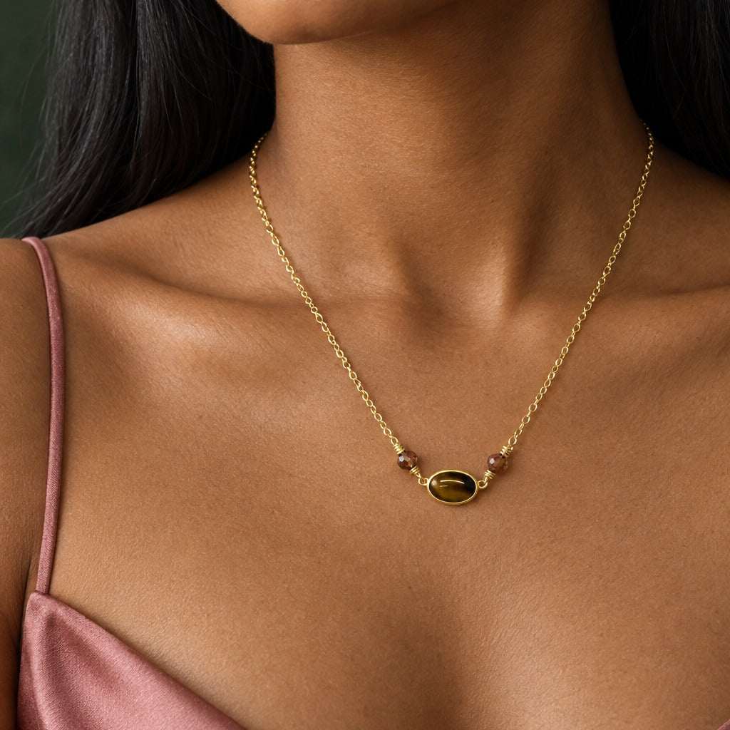 Model wearing the Lesunja Yellow Gold Tiger Eye Diamond Necklace by Lesunja Fine Jewellery – AI-generated visualisation