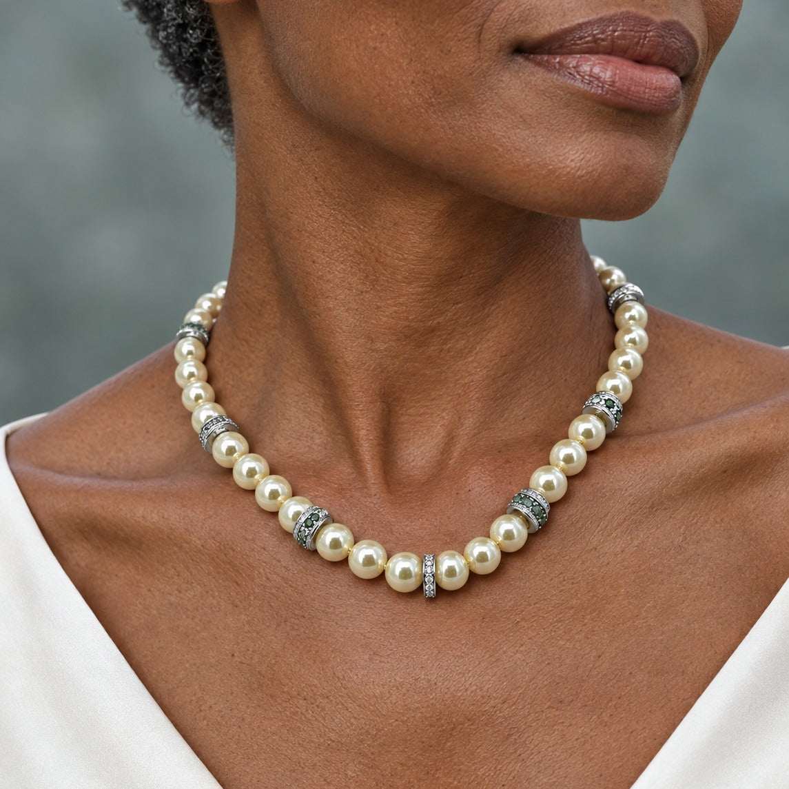 Model wearing the Lesunjal Necklace White Gold Akoya Pearls by Lesunja Fine Jewellery – AI-generated visualisation