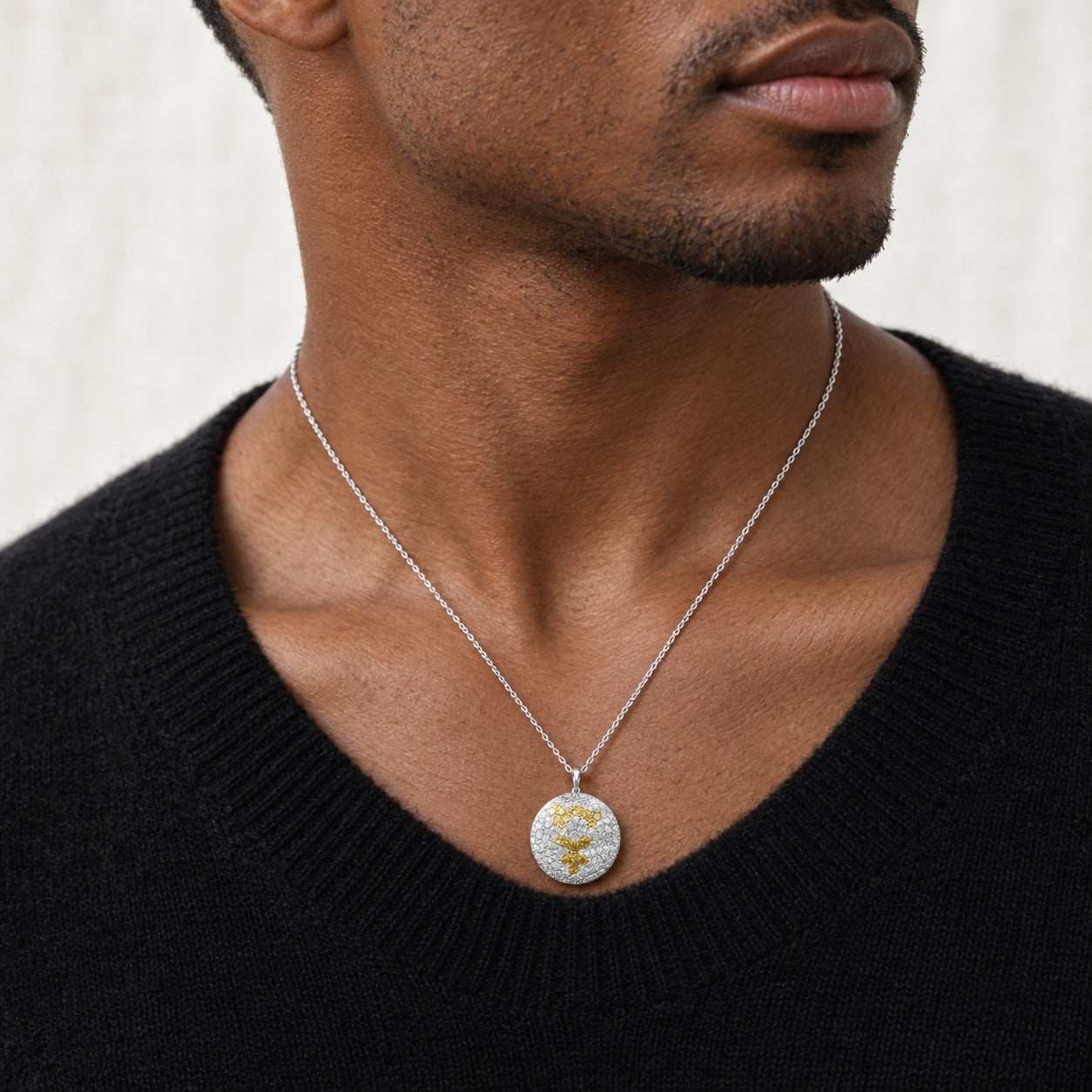 Model wearing the Lesunja Mercury Gold Pendant - Yellow Silver Gold by Lesunja Fine Jewellery – AI-generated visualisation