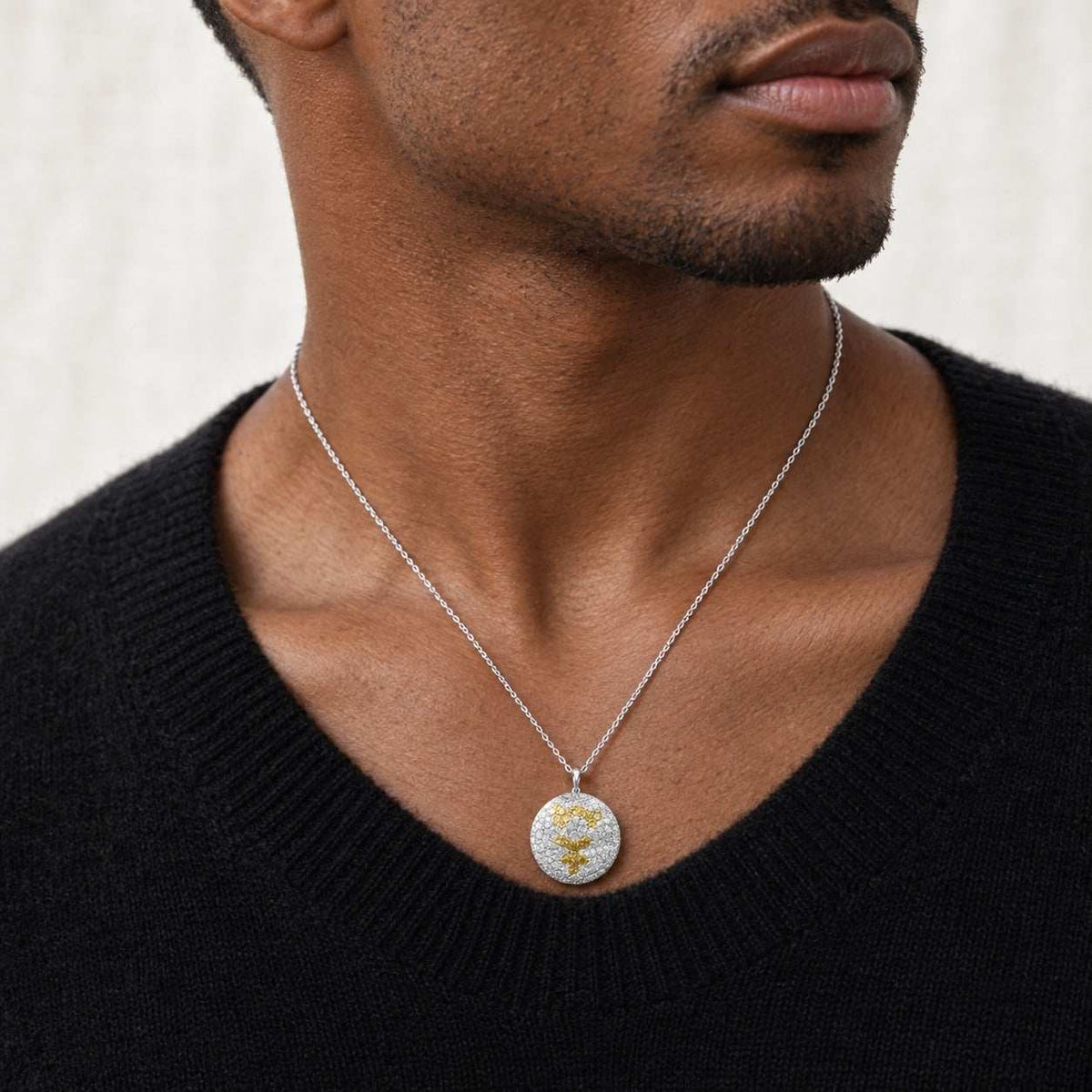 Model wearing the Lesunja Mercury Gold Pendant - Yellow Silver Gold by Lesunja Fine Jewellery – AI-generated visualisation