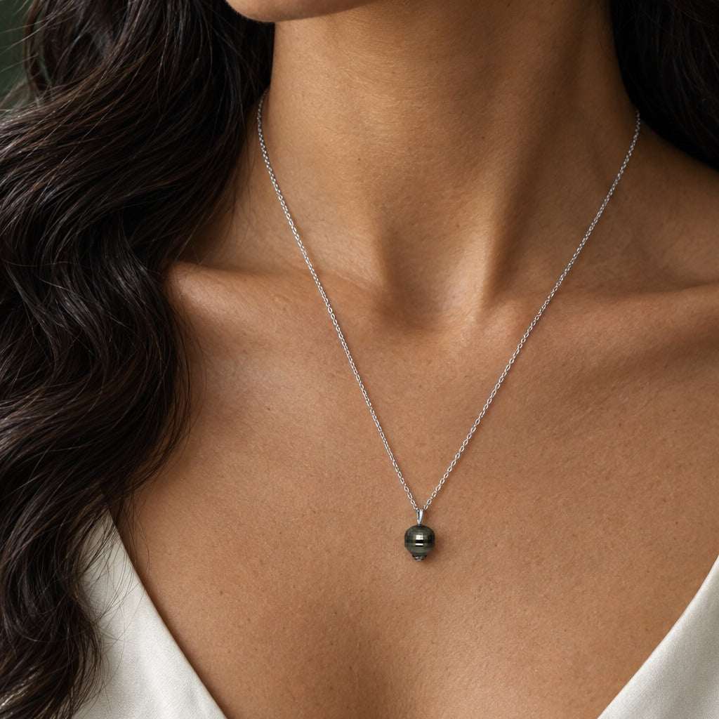 Model wearing the Lesunja Hidden Secrets Romance Pearl Pendant Necklace White Gold by Lesunja Fine Jewellery – AI-generated visualisation